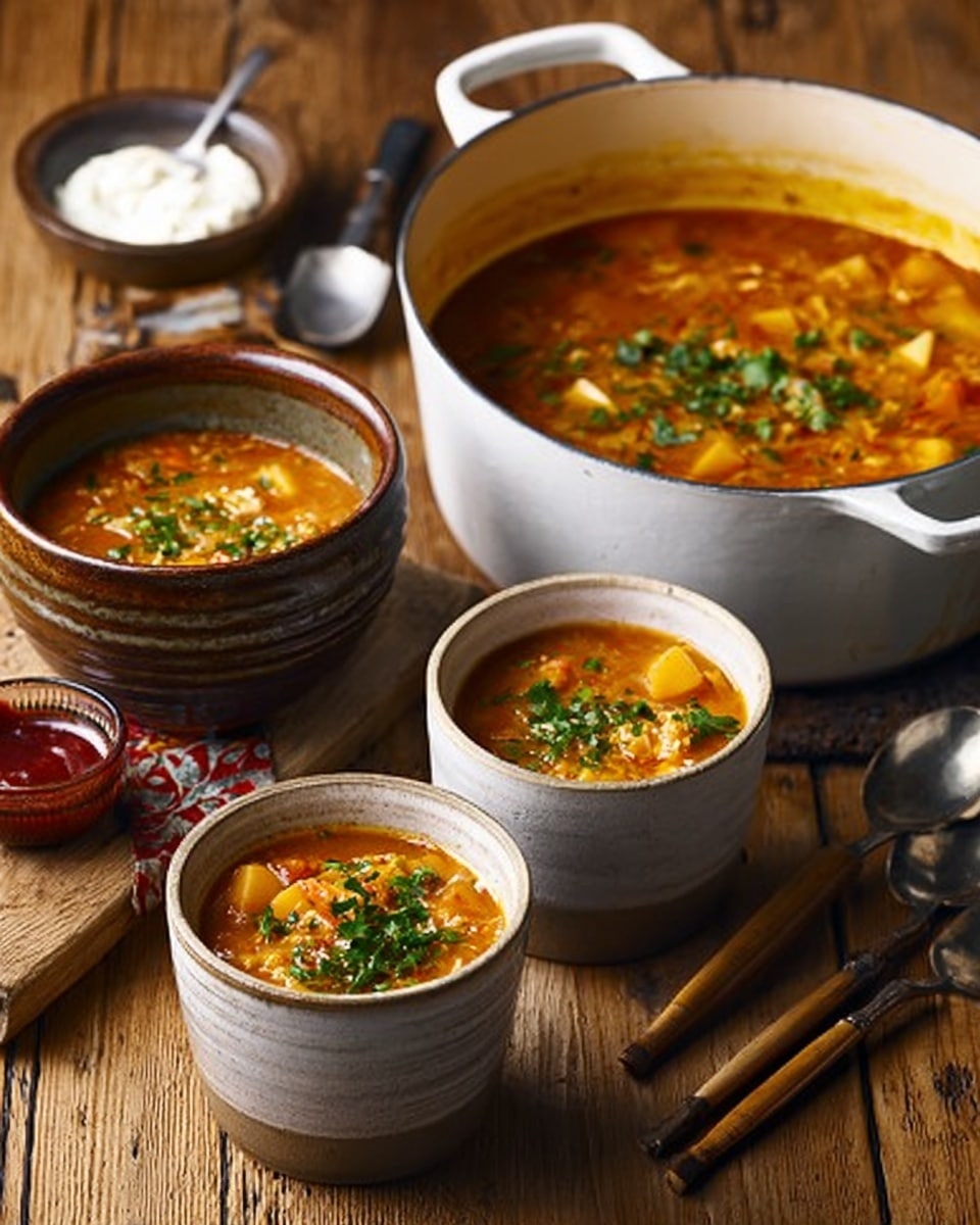 The image shows a large white pot filled with a thick, orange-colored soup layered with small pieces of yellow corn, green herbs, and bits of vegetables, placed on a brown wooden surface. In front of the pot, there are three mugs of soup; two are white with a beige bottom, and one is a brown ceramic mug with a handle, all filled to the brim with the same orange soup topped with chopped green herbs and small vegetable bits. To the left, two small white bowls are visible, one containing white sour cream and the other a red sauce, both slightly glossy. A silver spoon lies beside the bowls on the wooden surface. The background is a white marbled texture, and a knitted gray cloth is placed under one of the white mugs. photo taken with an iphone --ar 4:5 --v 7
