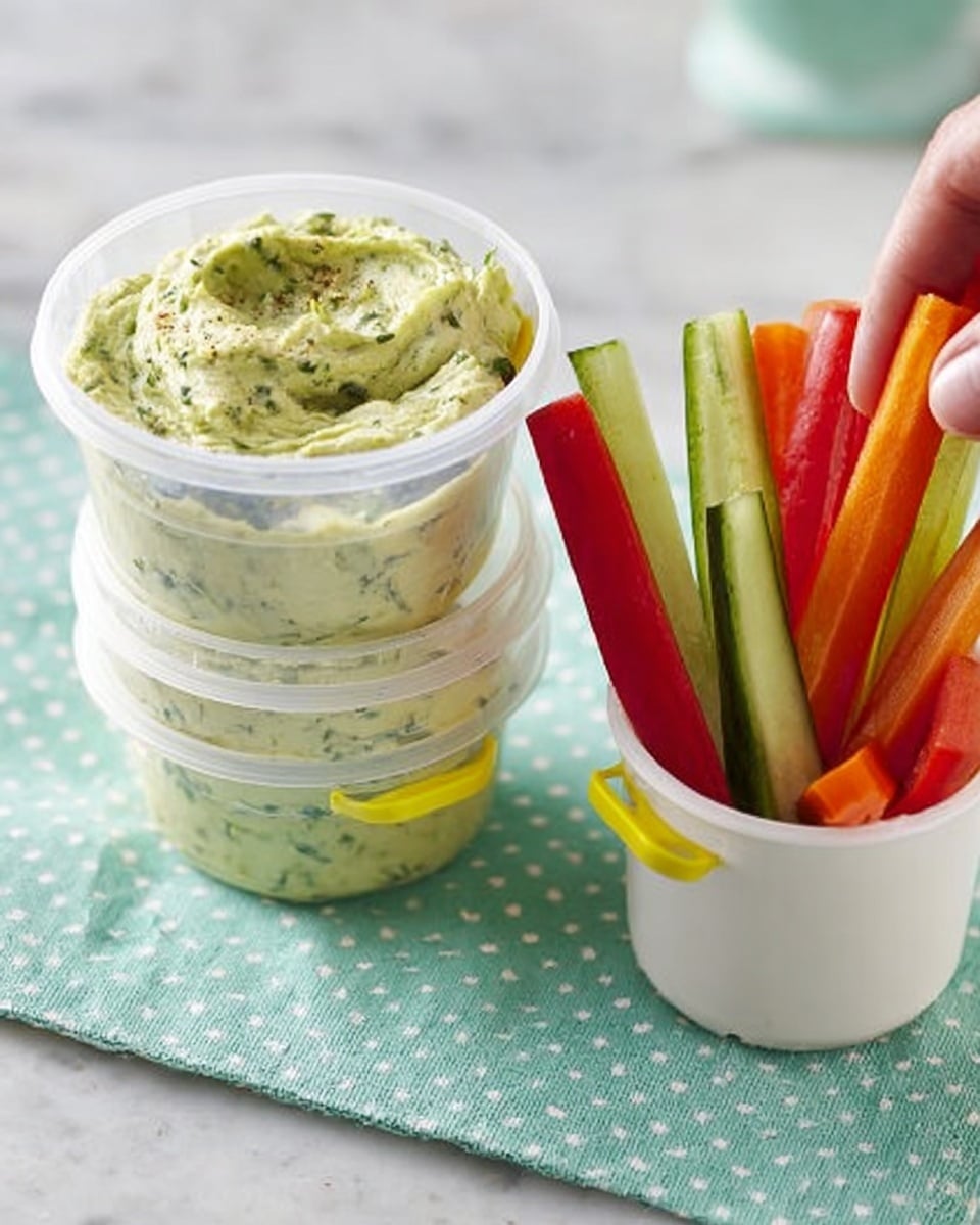 The image shows a small jar filled with greenish creamy dip with visible herbs and swirls on top, placed on a white marbled surface. Next to it is a white cup holding fresh vegetable sticks, including bright red bell peppers, orange carrots, and green cucumbers, all standing upright with clear crisp textures. The jar has a pink and blue lid beneath it, and the setup sits partially on a green and white polka dot cloth. A woman's hand is about to pick up a vegetable stick, adding a lively touch to the scene. Photo taken with an iphone --ar 4:5 --v 7