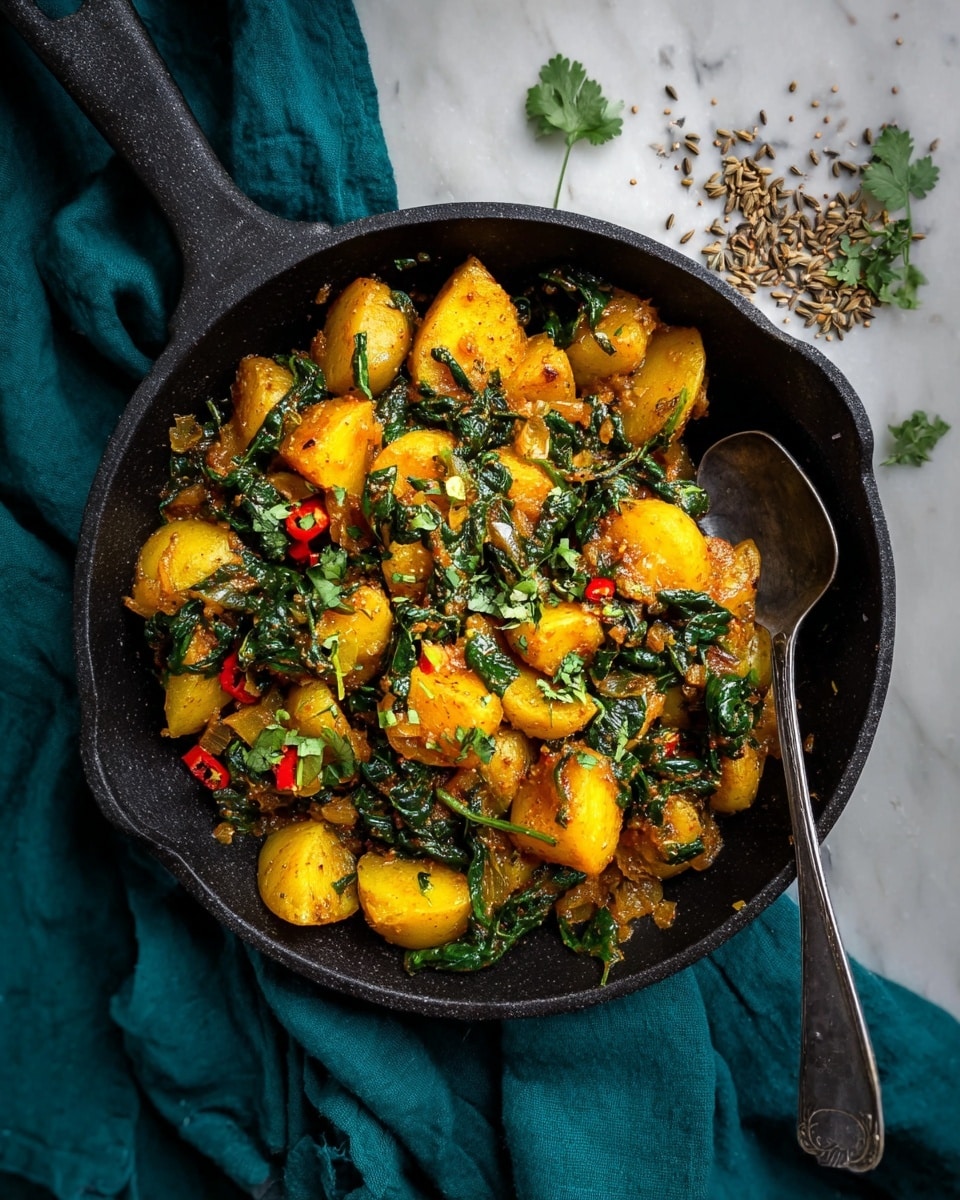 The image shows a black cast iron pan filled with a colorful dish made mostly of soft, golden-yellow potato chunks mixed with bright green spinach leaves. The potatoes have a slightly rough and cooked texture with some small brown bits likely from seasoning or spices. There are bits of cooked onions, small red chili pieces, and fresh chopped green herbs sprinkled on top, adding more color contrast. A black spoon is placed halfway inside the pan, slightly lifting some of the potatoes and spinach. The pan rests on a white marbled textured surface with a dark teal cloth partially underneath it. Near the top edge of the frame, three small red chili peppers and some scattered chopped herbs can also be seen. Photo taken with an iphone --ar 4:5 --v 7