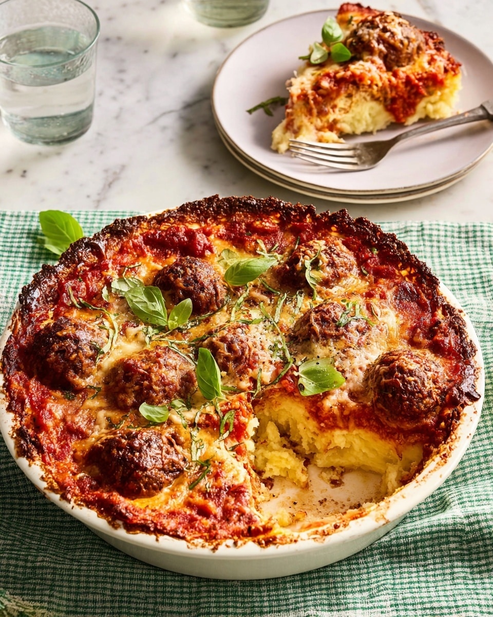 A white round baking dish holds a layered meatball casserole with browned, crispy edges. The base layer is creamy mashed potatoes with a light golden crust, topped with tomato sauce and large, browned meatballs. Melted, slightly browned shredded cheese covers the top, scattered with fresh green basil leaves. A slice is missing, revealing these layers clearly. Next to it, a white plate with a green fresh herb garnish holds a slice of the casserole beside a silver fork. A clear glass of water stands in the top right corner, all set on a white marbled surface with a green cloth underneath the dish. Photo taken with an iphone --ar 4:5 --v 7