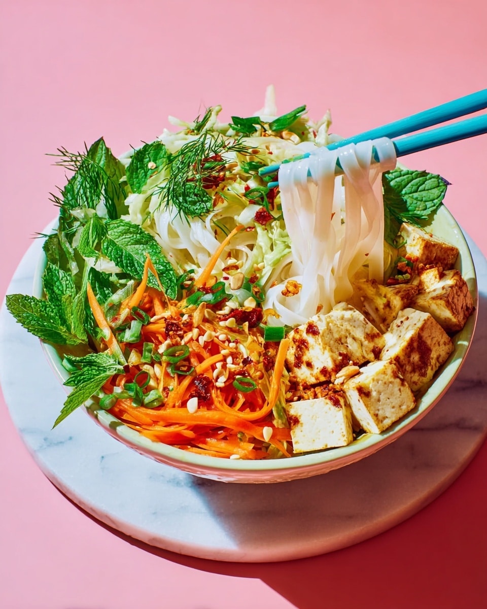 A white bowl filled with several layers starting with thick white rice noodles at the base, topped with light orange julienned carrots and thin white cabbage strips mixed with leafy green herbs like cilantro, mint, and dill. On one side, small cubes of tofu with red chili flakes rest, sprinkled with sunflower seeds. Two bright blue chopsticks rest on the bowl’s edge, with a woman's hand holding one chopstick grasping some noodles. The scene is set on a white marbled surface with a soft pink background. photo taken with an iphone --ar 4:5 --v 7