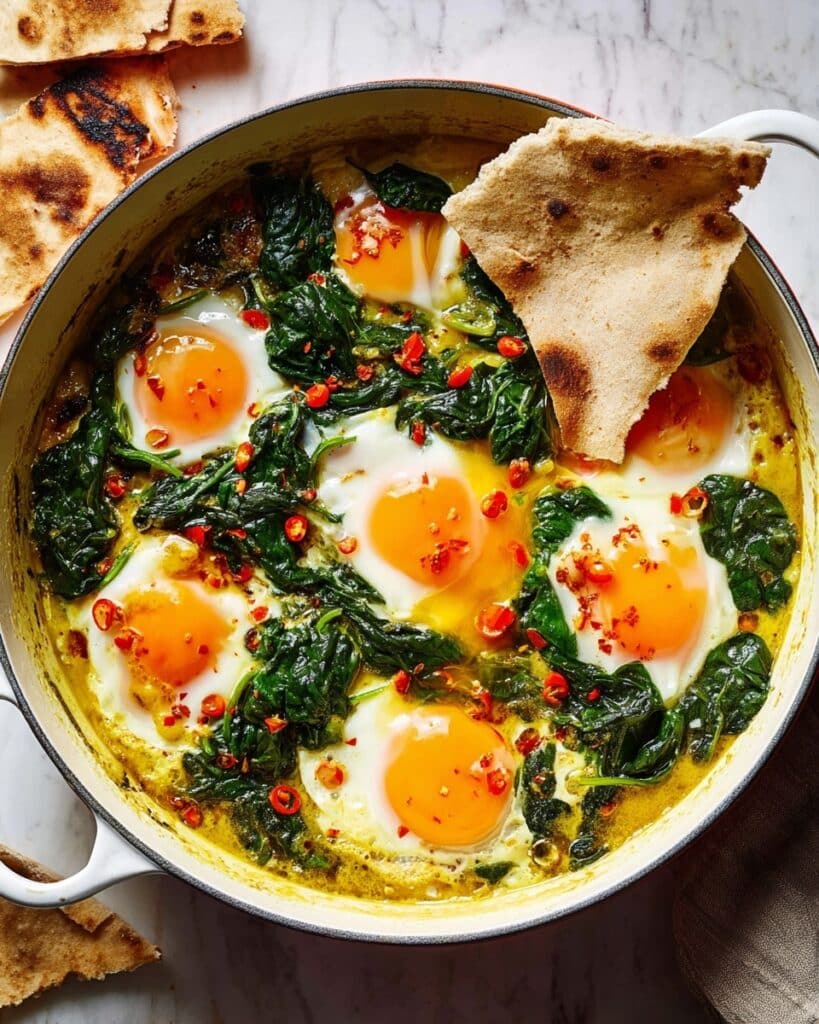 Spinach, Coconut & Turmeric Baked Eggs with Paratha Recipe