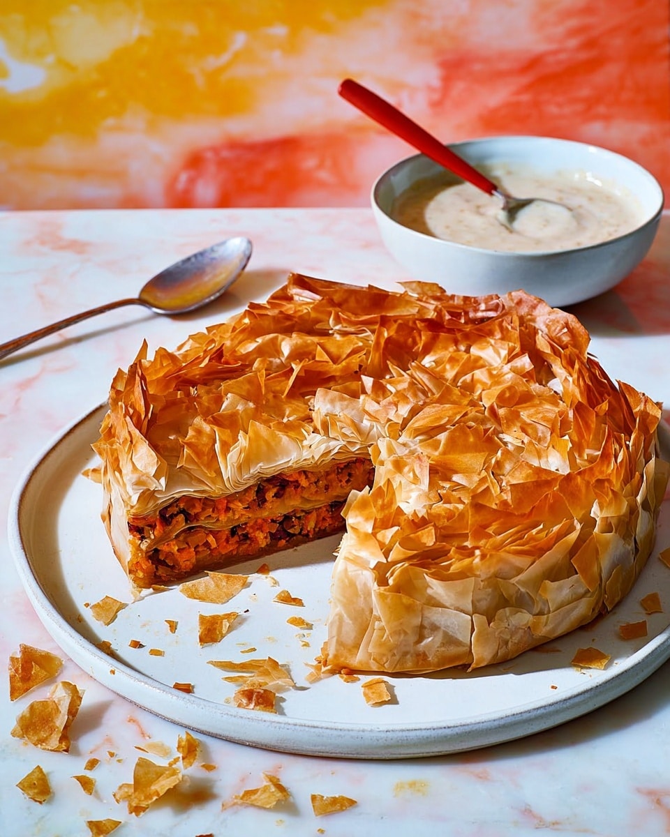 A round pie with a golden, flaky, and crinkled top layer made of phyllo pastry sits on a white plate, with some layers folded and textured, showing light and dark brown shades, sprinkled with black seeds. A large slice is cut out, revealing two inner layers: the bottom layer looks dense and baked, filled with an orange mixture containing chunks of white cheese, and the middle part appears moist and slightly darker orange. Pieces of flaky pastry crumble around the pie. Next to it, there is a white bowl filled with a creamy beige dip with a spoon that has a red handle, all placed on a white marbled surface with subtle yellow and orange washes. Photo taken with an iphone --ar 4:5 --v 7