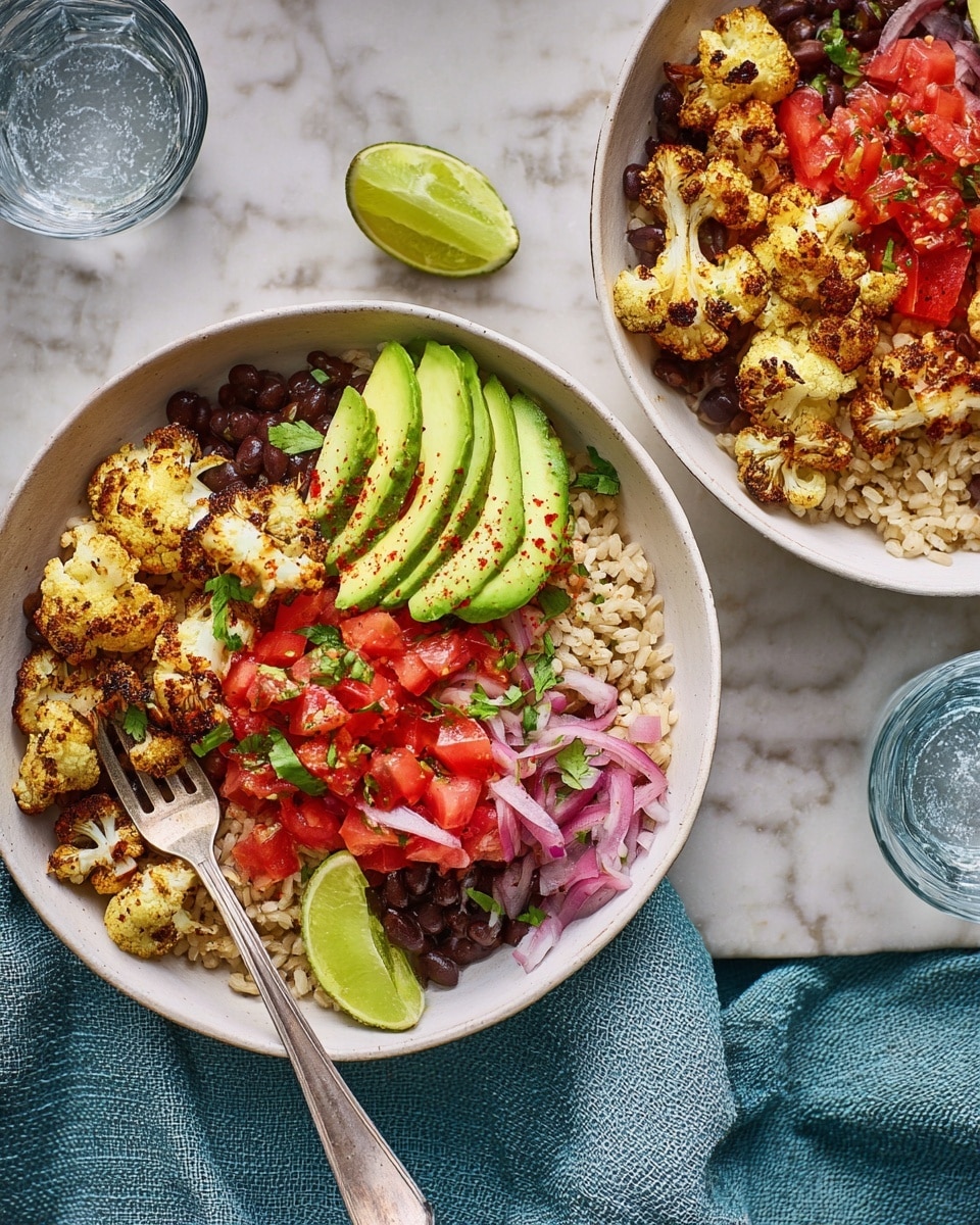 Two white bowls sit on a white marbled surface, each filled with a colorful layered dish. The bottom layer consists of light brown cooked rice mixed with black beans, topped by a vibrant mix of diced red tomatoes, finely chopped red onions, and green herbs. On one side of each bowl, neatly sliced light green avocado slices are arranged, sprinkled with red chili flakes. The other side is covered with golden-brown roasted cauliflower pieces. A silver fork rests inside the front bowl, which also has a small wedge of green lime placed near the cauliflower. Two clear glasses of water are also visible, and a textured blue cloth lies beneath the bowls. Photo taken with an iphone --ar 4:5 --v 7