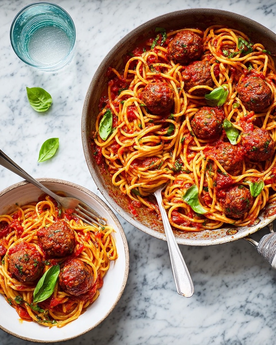 A skillet filled with a layer of golden-yellow spaghetti mixed evenly with thick red tomato sauce that clings to the noodles. On top, there are several round, brown meatballs with a slightly rough texture. Small bright green basil leaves are scattered across the spaghetti and meatballs, adding contrast. To the right, a white bowl holds a smaller portion of the same spaghetti and meatballs, topped with a single fresh green basil leaf. A silver fork rests below the bowl on a white marbled surface, and a clear glass of water sits near the top right corner. photo taken with an iphone --ar 4:5 --v 7