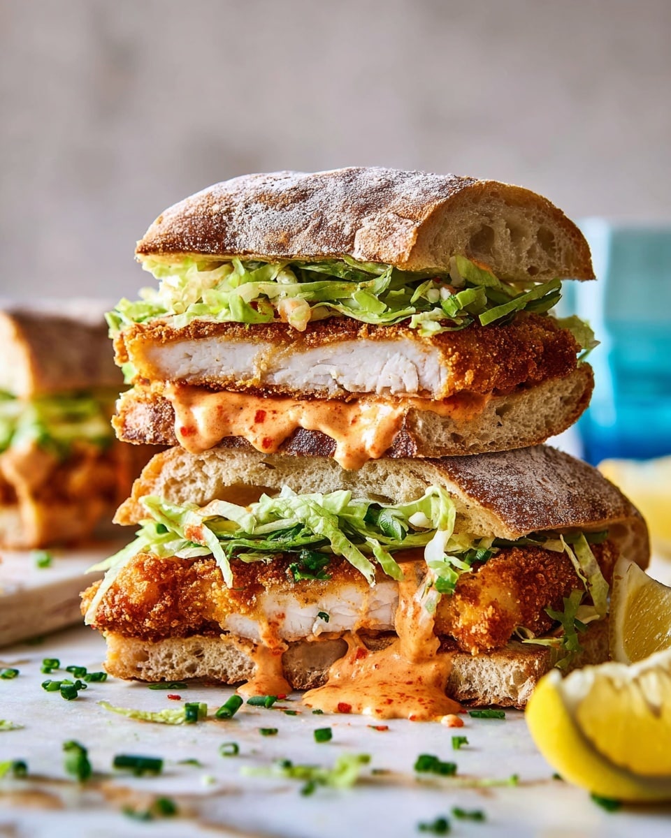 Two toasted sandwiches are stacked on top of each other on a white marbled surface. Each sandwich has three main layers inside: the bottom layer is crispy golden-brown fried chicken, the middle layer is green leafy lettuce, and the top layer is a thick, fluffy ciabatta bread with a dusting of white flour. There is a creamy sauce with some orange and green bits spread on the bread and dripping slightly out, adding a messy but appetizing look. Fresh chopped chives are scattered around the sandwiches, and next to them are wedges of bright yellow lemon. In the background, there is a blurry blue cup. The photo taken with an iphone --ar 4:5 --v 7