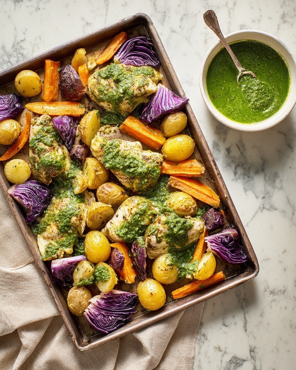 A metal baking tray holds a colorful roasted meal with several layers; the bottom layer is a mix of golden roasted potatoes and orange carrot pieces scattered around; on top of this are green herb-coated chicken breasts and deep purple roasted cabbage wedges. Bright green sauce is dolloped unevenly over the chicken, cabbage, and vegetables, adding a fresh texture on top. To the side, a white bowl holds more of the same green sauce with a spoon inside. The baking tray sits on a beige cloth over a white marbled textured surface. photo taken with an iphone --ar 4:5 --v 7