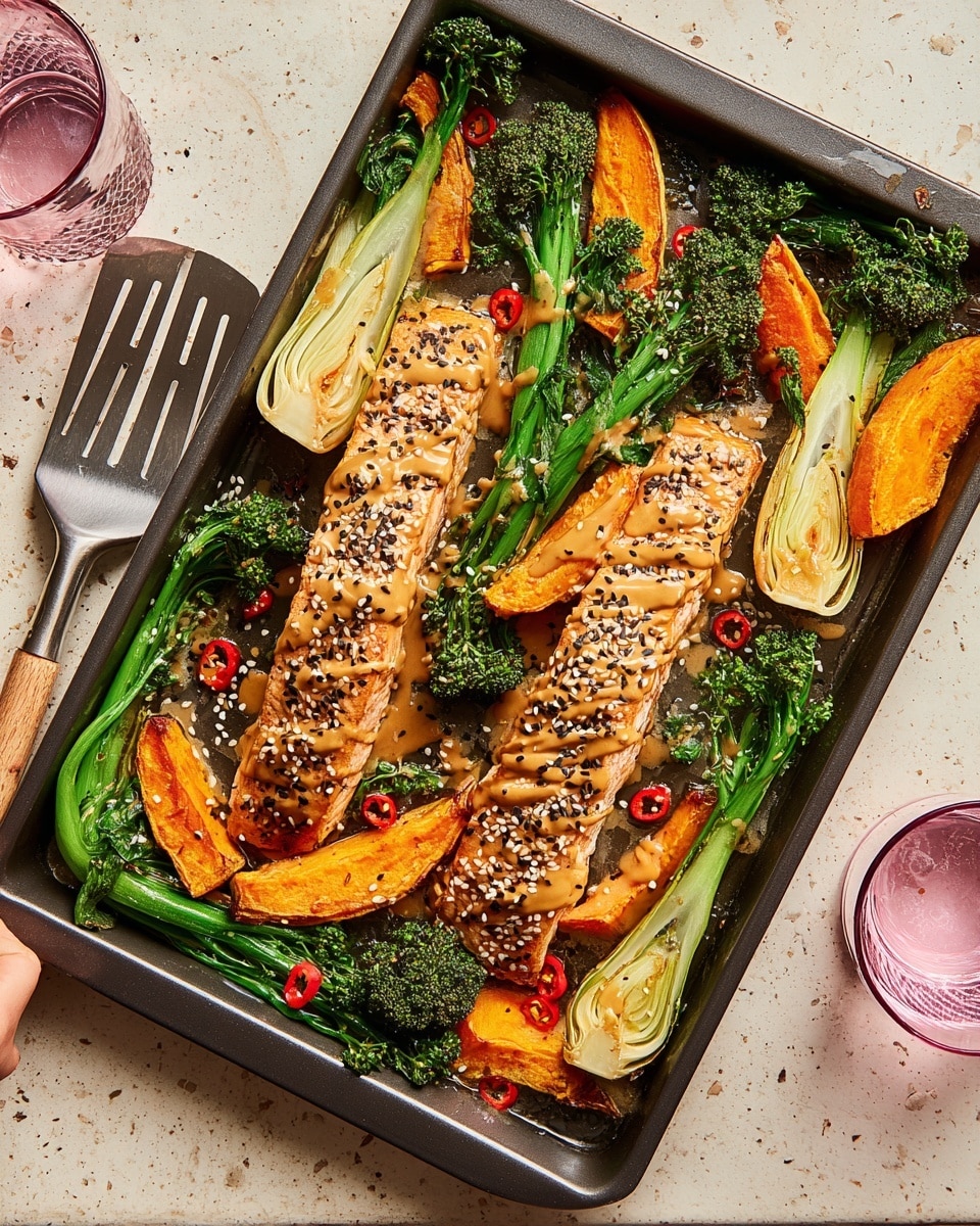 The image shows a metal baking tray filled with two pieces of cooked salmon, each sprinkled with white and black sesame seeds and topped with sliced red chili. The salmon rests on a bed of roasted orange sweet potato wedges that cover the tray's bottom. Bright green broccolini and halves of pale green bok choy are layered among the salmon and sweet potatoes. A glossy brown sauce is drizzled over the salmon and vegetables, adding shine and moisture. The tray sits on a white marbled surface, with a pink glass of water partially visible at the top right and a white plate with a gray rim at the bottom right, a metal spatula with holes rests to the left side. photo taken with an iphone --ar 4:5 --v 7