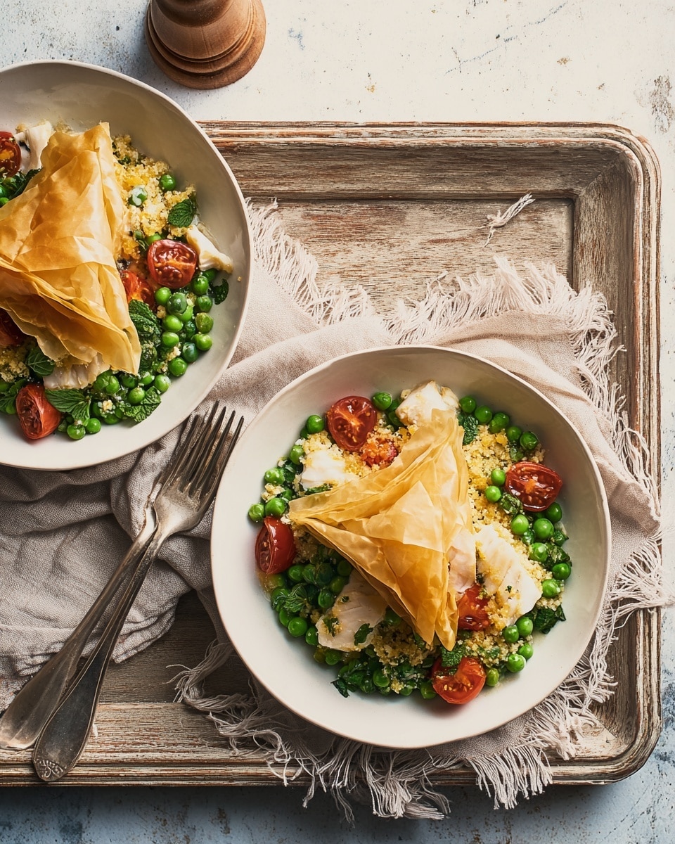 Two white shallow bowls each hold a dish with three golden brown crispy folded layers on the left side, made of thin, crisp pastry. On the right side of each bowl is a mix of bright green peas, roasted red cherry tomatoes, fresh dark green leaves, and soft white chunks of cooked fish, all slightly seasoned. The bowls are placed on rough beige linen napkins, resting on a wooden tray with carved edges on a white marbled texture surface underneath. Next to the tray, a fork and knife are positioned on the left side, and a wooden pepper grinder is seen at the top left corner. Photo taken with an iphone --ar 4:5 --v 7