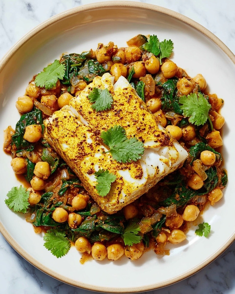 A white plate with one layer of cooked spinach mixed with chickpeas and small pieces of onion, all in a reddish sauce forming a colorful base layer. On top of this sits a piece of white fish fillet with a golden-yellow spice crust, showing a textured, slightly grilled surface with some green herb leaves placed delicately on and around the fish. The plate is set on a white marbled surface that adds a clean background, making the warm colors of the food stand out. Photo taken with an iphone --ar 4:5 --v 7