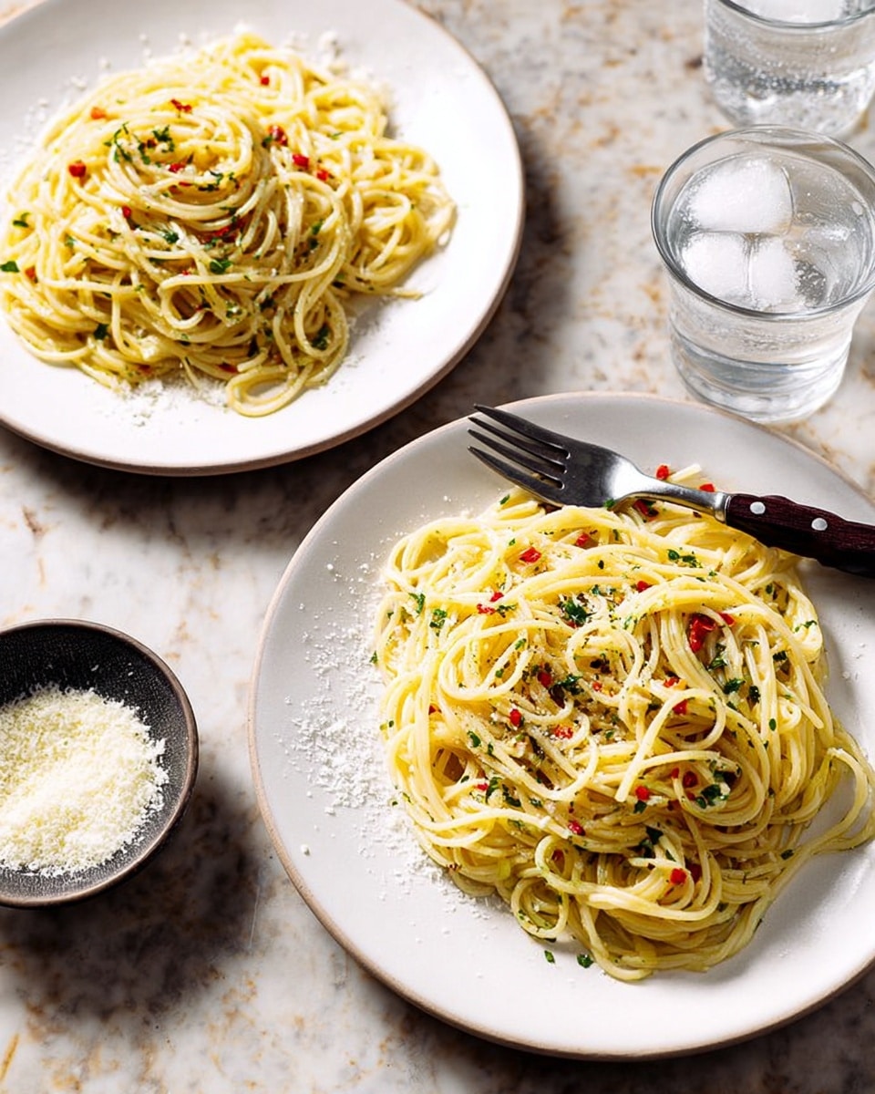 Two white plates each hold a loose swirl of yellow spaghetti with visible flecks of green herbs and small red chili pieces sprinkled on top, giving a simple and fresh look. The plate in the foreground has a silver fork with a black handle resting on its edge, pointing toward the top right. To the right, a small bowl with white grated cheese sits with a black spoon inside it, some cheese scattered around the bowl. Behind the plates, a clear glass of iced water sits with a few ice cubes visible inside. All items rest on a brown textured surface replaced with a white marbled texture. photo taken with an iphone --ar 4:5 --v 7