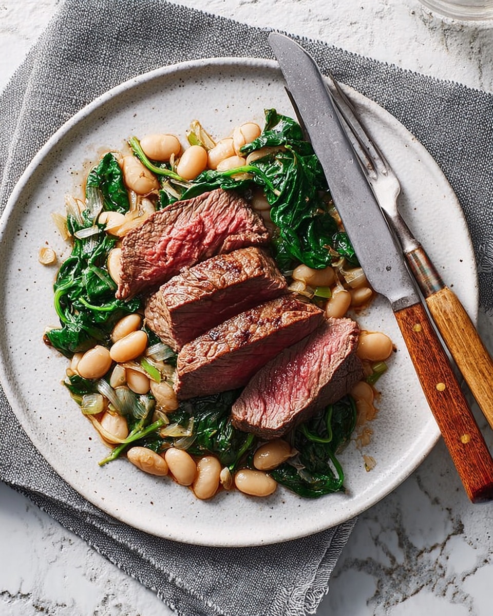 The dish is served on a white plate with a textured surface and a decorative silver rim, placed on a white marbled background. The base layer consists of light beige beans mixed with sautéed green spinach leaves and translucent cooked onion pieces. On top of this, there are several slices of medium-rare steak, showing a pinkish-red center with a light seared brown edge. The steak pieces vary in size and are roughly placed to cover the center of the bean and spinach mixture. To the right side of the plate, there is a fork and knife with wooden handles resting on the plate's edge. photo taken with an iphone --ar 4:5 --v 7