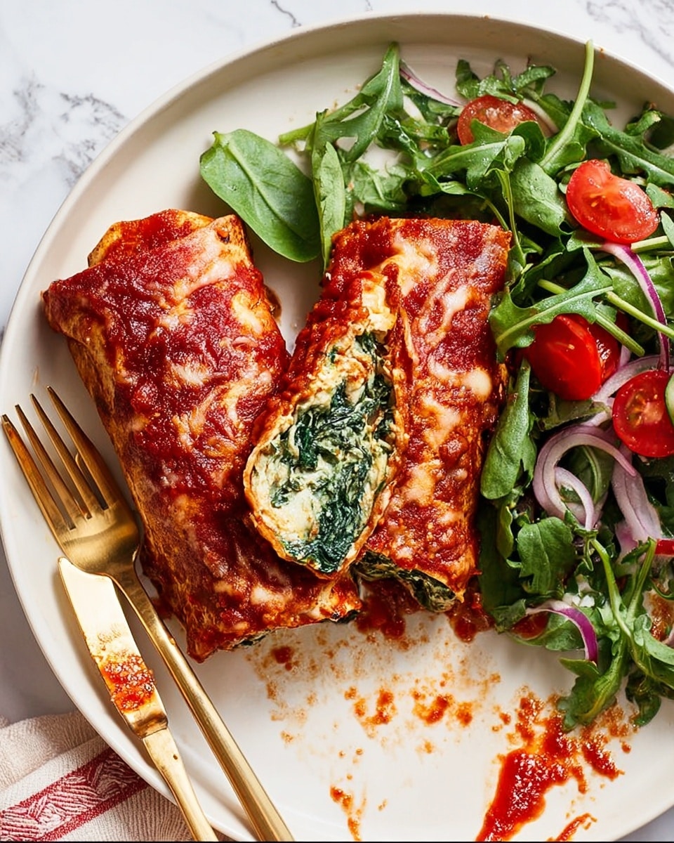 The image shows two baked rolled dishes with a golden brown and slightly crispy top layer with a red tomato sauce spread on them. One roll is cut open, revealing a dense green spinach filling inside creamy layers. Next to the rolls is a fresh salad with bright green leaves, sliced red tomatoes, and thin purple onion strips. All of this is served on a white plate with a gold fork and knife resting on the edges, with bits of red sauce on the knife. The background shows a white marbled texture. photo taken with an iphone --ar 4:5 --v 7