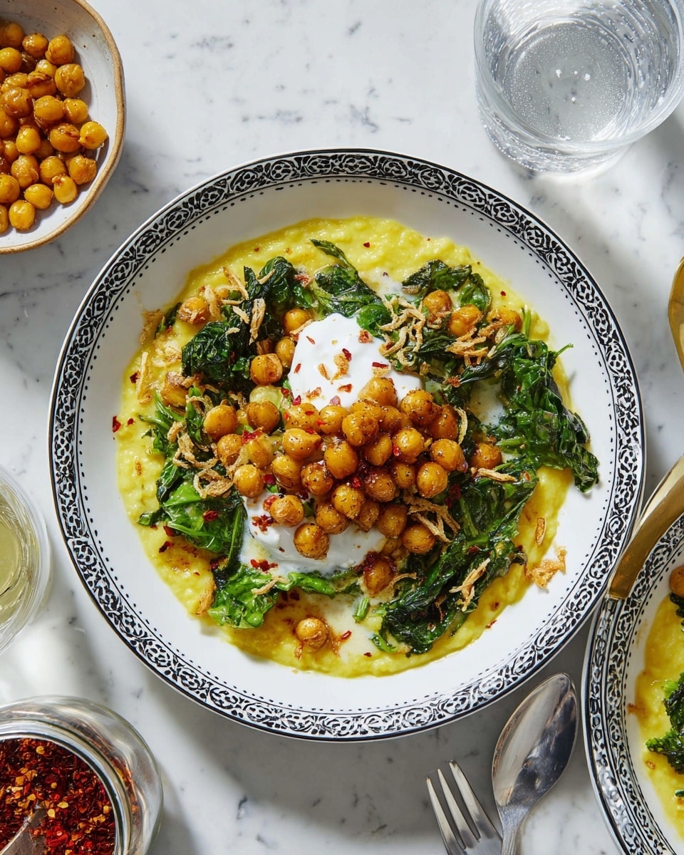 The dish is served in a white bowl with a black floral pattern around the edge, placed on a white marbled surface. The bottom layer is a creamy yellow base with hints of green, topped with dark green leafy spinach that has a glossy texture. Scattered on top are golden-brown chickpeas, some whole and some slightly crushed, adding texture and color contrast. At the center, there is a dollop of smooth white yogurt. Garnishing the dish are fresh green herbs and a sprinkle of red chili flakes, along with some fried garlic pieces that add a crunchy look. Nearby are partially visible bowls with more chickpeas and chili flakes, and a clear glass of water. photo taken with an iphone --ar 4:5 --v 7