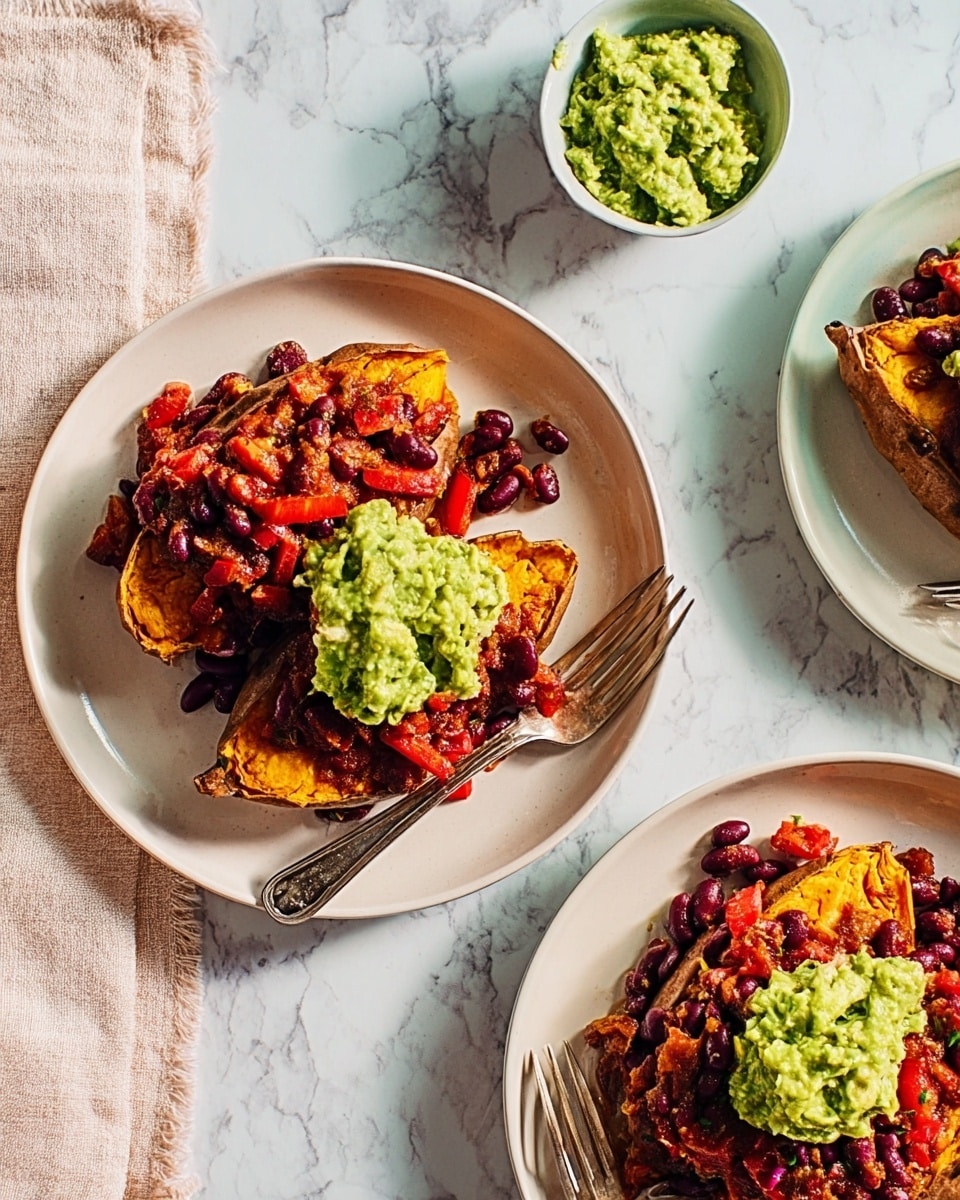 The image shows two white plates each with a serving of a layered dish on a white marbled surface. Each plate has a base layer of golden-brown cooked chicken, topped with a chunky dark red and brown mixture of beans and diced red bell peppers. On top of this is a dollop of bright green mashed guacamole. Each plate features a silver fork placed on the right side of the dish. In the bottom right of the image, there is a small white bowl filled with extra guacamole. The scene is lit brightly with soft shadows, giving a fresh and appetizing look. Photo taken with an iphone --ar 4:5 --v 7