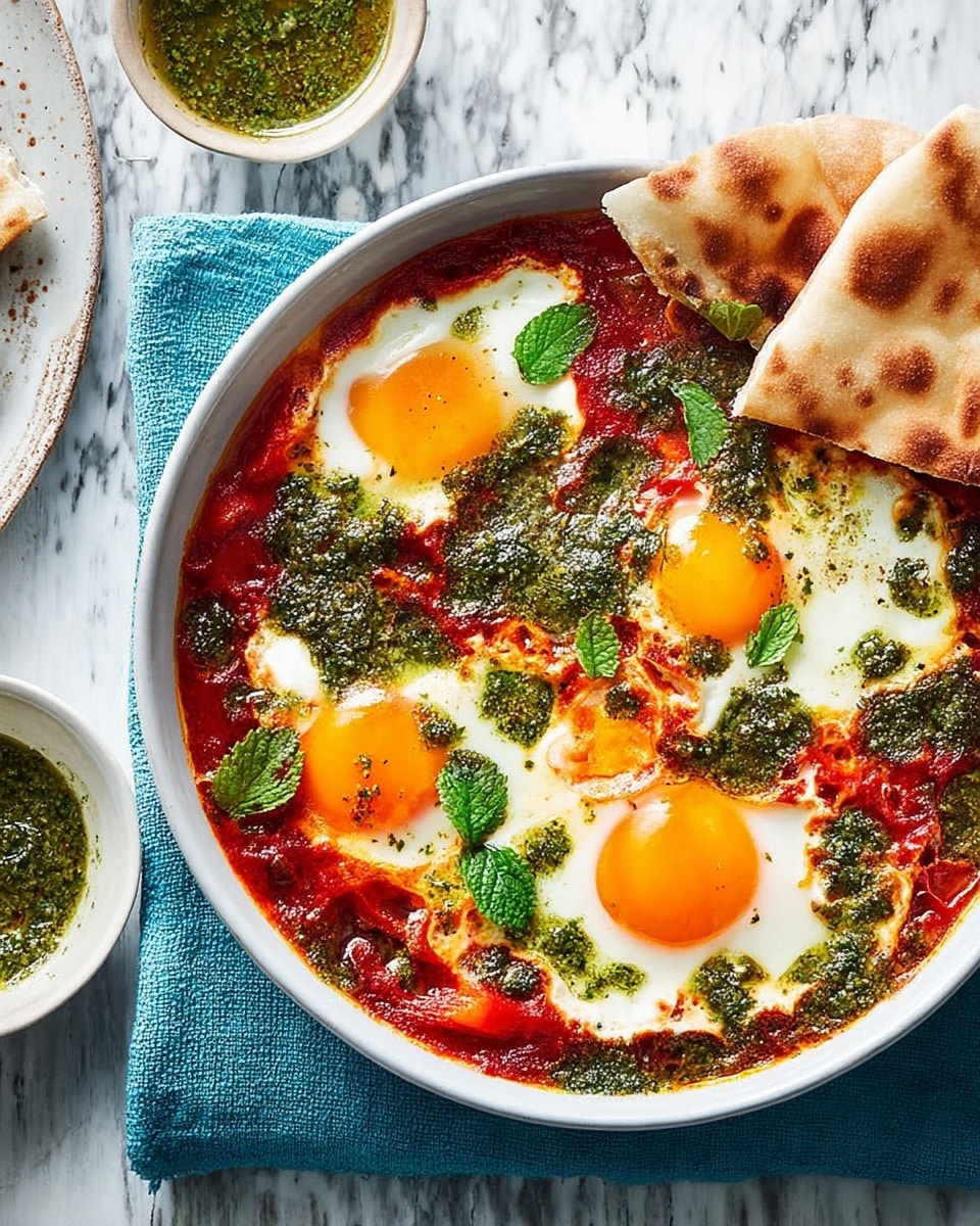 The dish is a white bowl filled with a colorful shakshuka, showing four cooked eggs with bright yellow yolks sitting over a rich red tomato sauce base mixed with cooked greens and herbs. The surface is dotted with deep green herb sauce drizzled on top, and small bits of crushed red pepper are scattered around. Two pieces of flatbread with a golden-brown toasted texture are partially dipped into the bowl, leaning against the edge. The bowl is placed on a blue cloth napkin on top of a white marbled surface, next to a small white bowl filled with green sauce and a white spoon with a round hole at the handle end. Photo taken with an iphone --ar 4:5 --v 7