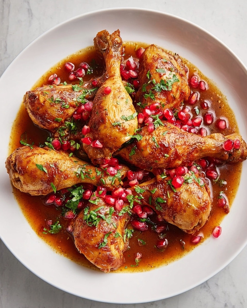 A white round plate holds five cooked chicken drumsticks arranged in a loose circle, covered with a glossy, reddish-brown sauce that pools at the bottom. Bright red pomegranate seeds are scattered across the drumsticks and sauce, adding splashes of color, while fresh chopped green herbs are sprinkled over the top, giving a fresh contrast. The chicken skin looks flavorful and slightly charred with spices. The plate is set on a white marbled surface. photo taken with an iphone --ar 4:5 --v 7