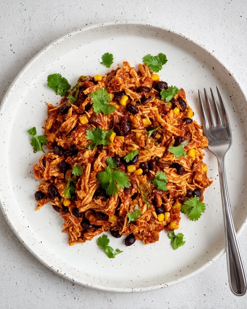 A white plate holds a single thick layer of shredded chicken mixed with black beans and yellow corn, all coated in a rich, reddish-brown sauce. Small sprigs of fresh green cilantro are scattered evenly on top, adding vibrant contrast to the warm colors of the dish. The texture of the shredded chicken is fibrous and tender, blending smoothly with the sauce, while the beans and corn add small pops of color and shape throughout. The plate is set on a white marbled texture, with a silver fork placed nearby. photo taken with an iphone --ar 4:5 --v 7