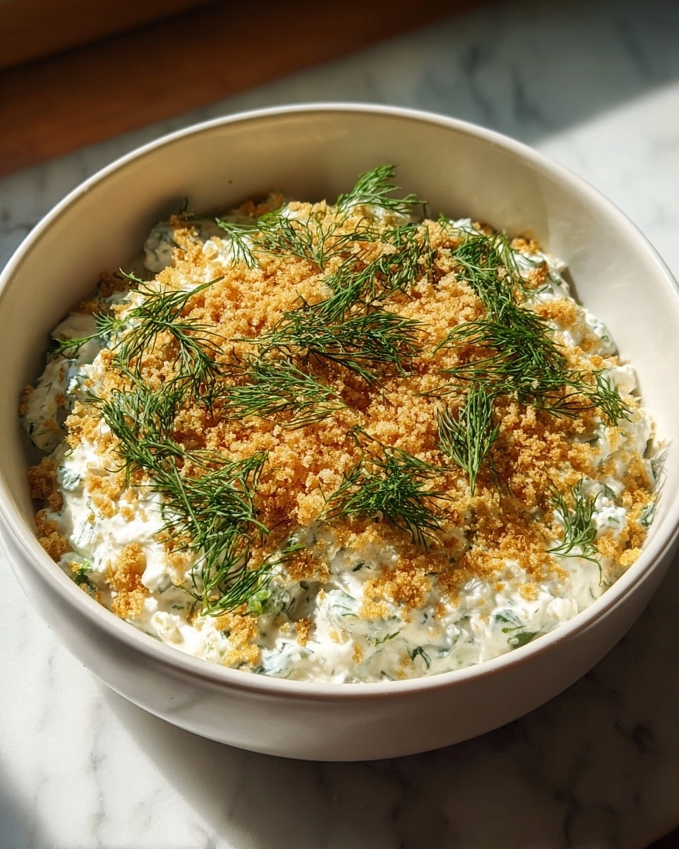 A white bowl filled with a creamy white mixture flecked with small green herbs throughout, creating a textured, slightly chunky appearance. The mixture is topped with a layer of golden-brown crispy crumbs, which add a rough texture and contrast. On top of the crumbs, there are delicate sprigs of bright green dill scattered evenly, adding a fresh and vibrant look. The bowl sits on a white marbled surface near a window with sunlight softly shining on the dish, highlighting the different textures and colors. photo taken with an iphone --ar 4:5 --v 7