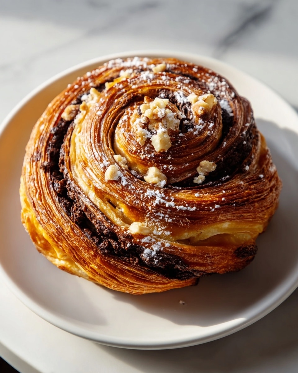 A round, swirled pastry with multiple layers of golden-brown flaky dough mixed with dark chocolate ribbons twisting through it; the top is dusted with white powdered sugar and sprinkled with small crushed nuts, all sitting on a simple white plate against a white marbled surface. photo taken with an iphone --ar 4:5 --v 7