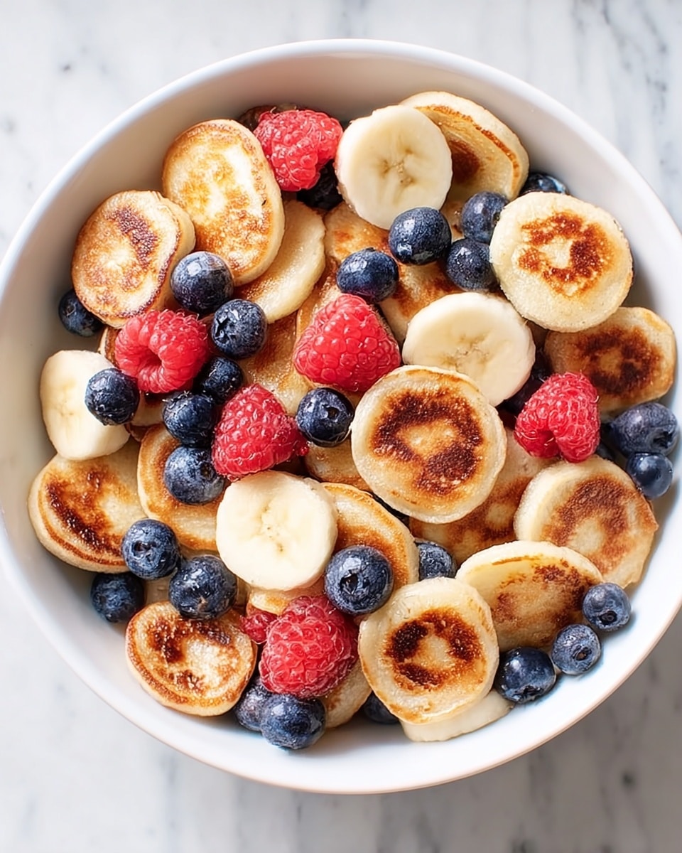 A white bowl filled with a base layer of milk, topped with many small, round, golden-brown mini pancakes that have a soft, fluffy texture. Scattered among the pancakes are slices of pale yellow banana, bright red raspberries, and dark blue blueberries, adding pops of color and freshness. The bowl sits on a white marbled surface with a clean and bright setting. photo taken with an iphone --ar 4:5 --v 7