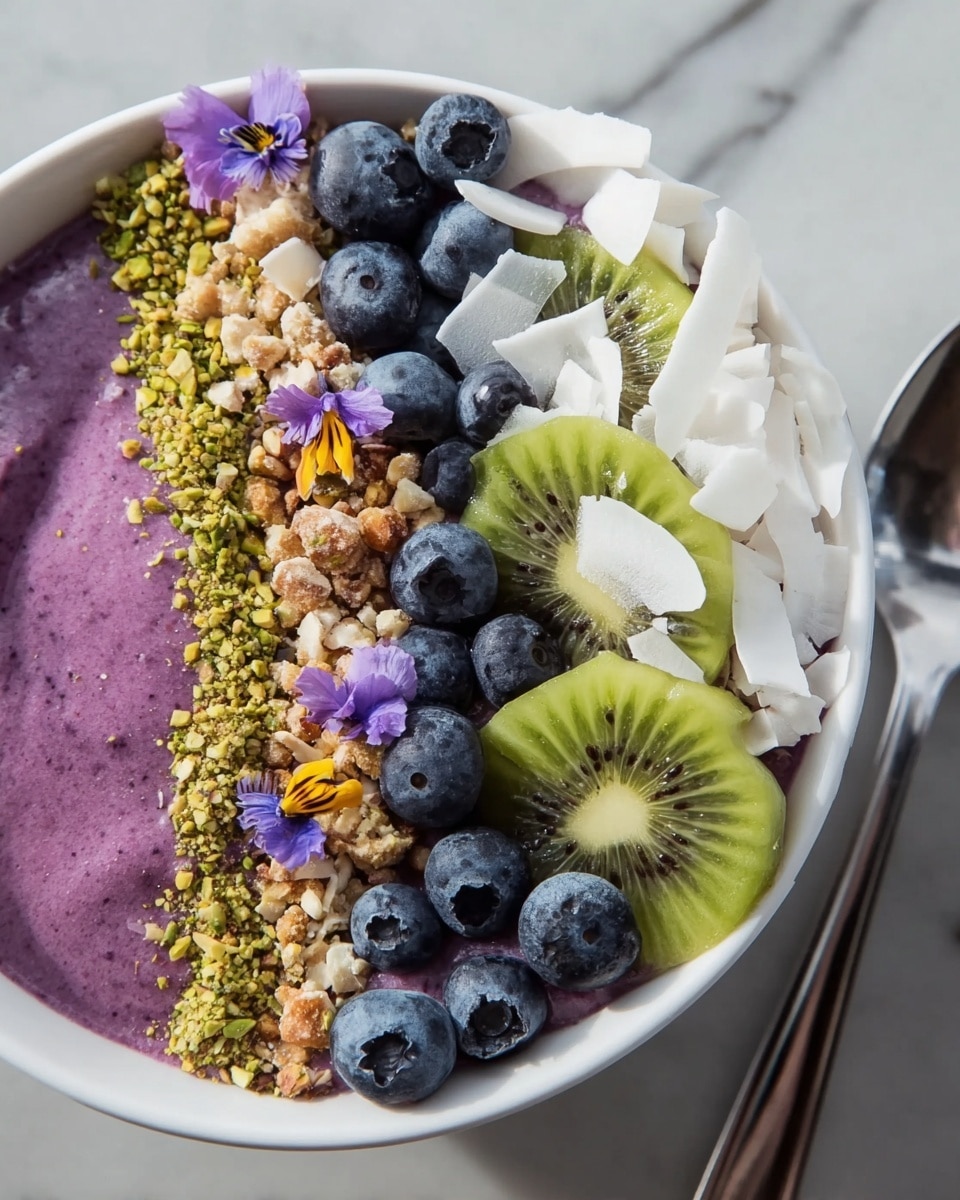A white bowl filled with a smooth, thick purple smoothie base, topped in rows from left to right with crushed green nuts, small pieces of light brown walnut, a row of plump dark blue blueberries, three green kiwi slices with visible dark seeds, thin white coconut flakes with rough edges, and small purple and white edible flowers, all placed neatly on a white marbled surface with a silver spoon nearby. photo taken with an iphone --ar 4:5 --v 7