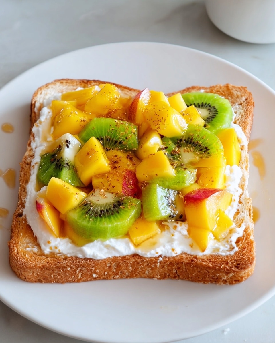 A single slice of toasted bread with a golden-brown crust is topped with a thick, even layer of white cream cheese, covering the whole surface. On top of the cream cheese, there is a colorful mix of fresh fruit pieces arranged randomly: bright yellow mango cubes, green kiwi slices with visible black seeds, small orange-yellow pineapple chunks, and a few pinkish-red peach pieces. A light drizzle of honey or syrup is scattered over the fruit and onto the white plate beneath. The plate sits on a white marbled surface, with a silver fork placed nearby. Photo taken with an iphone --ar 4:5 --v 7