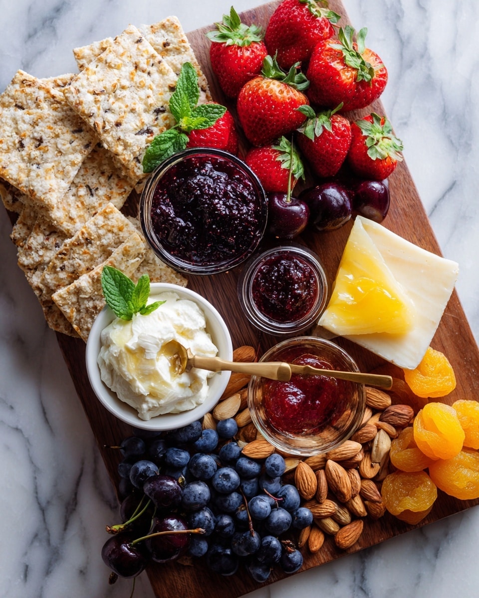 A wooden board on a white marbled surface holds an arranged snack platter with many layers. On one side, there are light beige seed crackers stacked in two rows. Next to them, three small clear glass bowls hold dark purple jam and bright red jam, with a green mint leaf on one of the bowls. Between the bowls and fruits, there is a pile of small round golden dried apricots. Near the center, a small white bowl holds creamy white cheese with a golden spoon inside. Surrounding it are bright red strawberries with green leaves, dark blue blueberries, almonds, and pieces of yellow cheese. On one corner, there is a white wedge of soft cheese topped with a yellow spread. The entire scene is bright and colorful, showing a mix of textures from crunchy crackers to soft cheese and juicy fruits. photo taken with an iphone --ar 4:5 --v 7