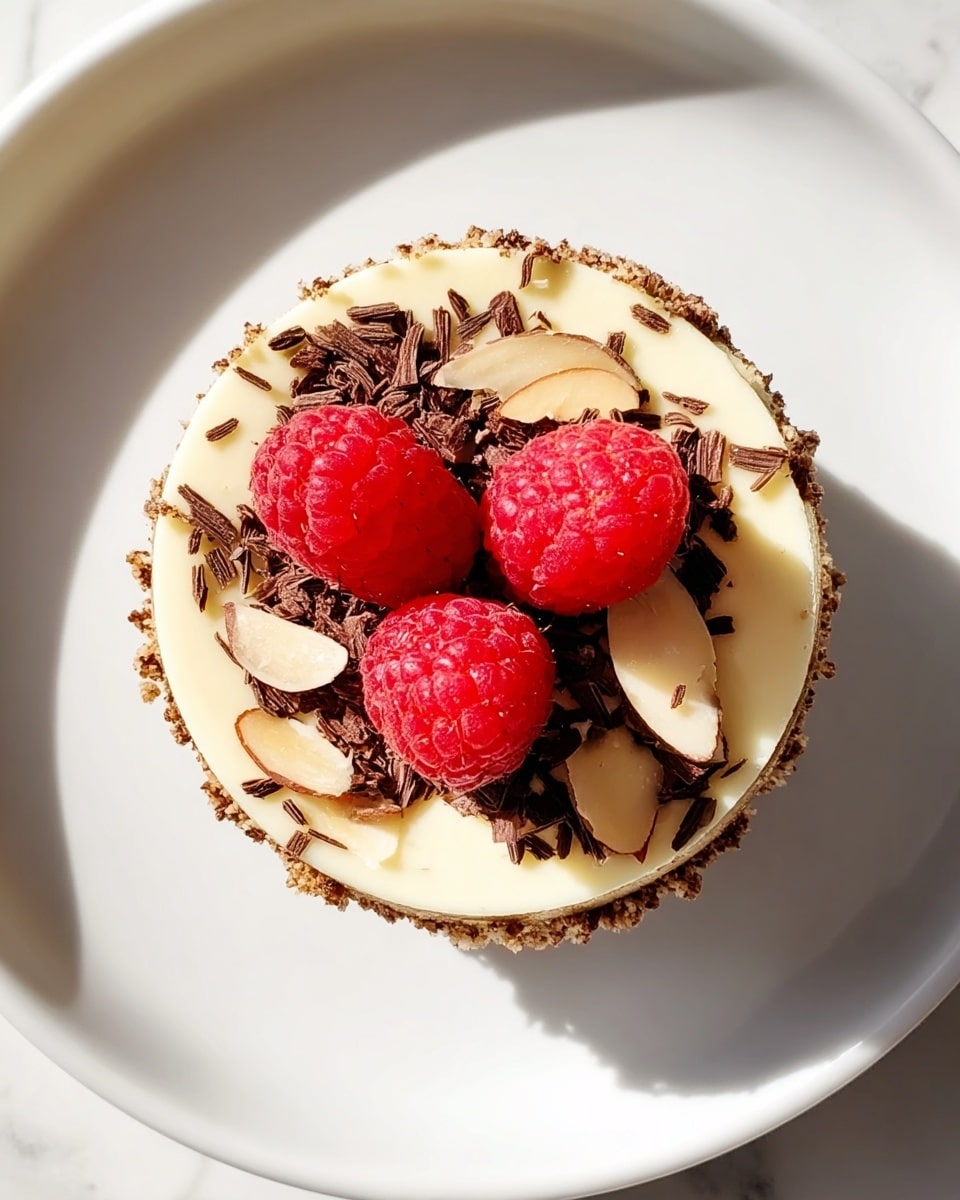 A single round tart is placed in the middle of a white plate with a white marbled texture underneath. The tart has three layers visible from the top: a crumbly brown crust as the base, a smooth, creamy off-white filling as the middle layer, and the top decorated with three bright red raspberries spaced evenly around the edge, with chopped nuts and small dark chocolate shavings scattered in the center. The sunlight creates a sharp shadow of the tart on the plate, emphasizing its texture. Photo taken with an iphone --ar 4:5 --v 7