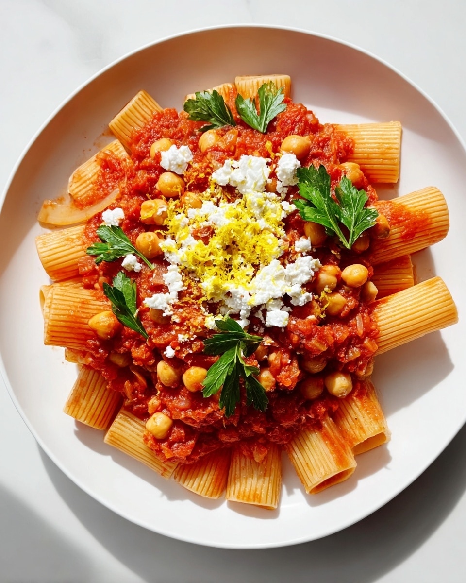 A white plate holds rigatoni pasta coated in a bright red tomato sauce, scattered with round, light beige chickpeas. The pasta is topped with small chunks of white cheese and fresh green parsley leaves, with tiny bits of diced onion mixed in. Around the edges and center, there are fine yellow lemon zest shavings adding a pop of color. The textures combine smooth sauce, firm pasta, and crumbly cheese against the fresh herbs, all set on a white marbled surface. Photo taken with an iphone --ar 4:5 --v 7