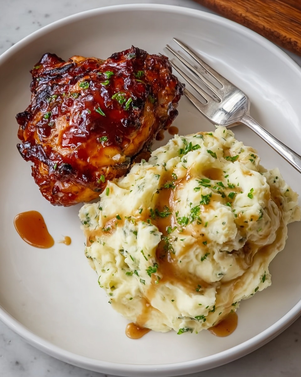 The dish shows one piece of glazed, golden-brown baked chicken thigh with a shiny, sticky sauce on top, placed on the left side of a white plate. On the right side, there is a mound of creamy mashed potatoes, slightly lumpy and topped with finely chopped green chives and a light sprinkling of brown seasoning. A silver fork is lying on the plate above the mashed potatoes, resting on the edge. The plate sits on a wooden surface with a white marbled texture background. photo taken with an iphone --ar 4:5 --v 7