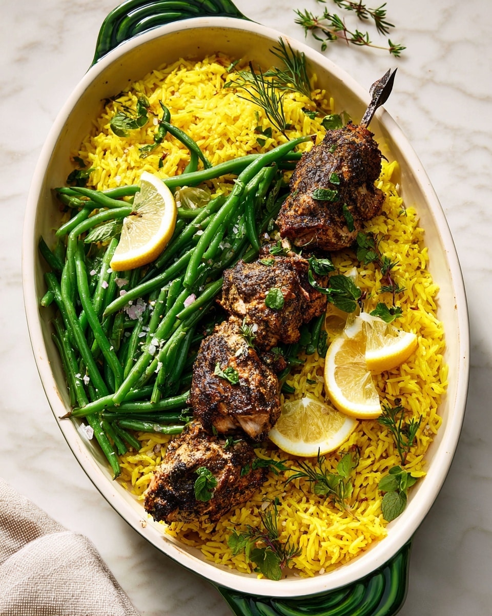 A white oval dish with two green handles holds a colorful meal placed on a white marbled texture. The bottom layer is bright yellow rice filling most of the dish, giving a soft, slightly fluffy texture. On top and scattered over the rice are long, fresh green beans adding a fresh and crisp look. On one side of the dish lies a skewer of grilled chicken pieces, with a dark, seasoned crust and a juicy inside, sprinkled with coarse salt and fresh green herb leaves. Two lemon wedges with a pale yellow color rest beside the chicken, with a few small green herb sprigs placed on both the rice and lemons, completing the fresh look. Photo taken with an iphone --ar 4:5 --v 7