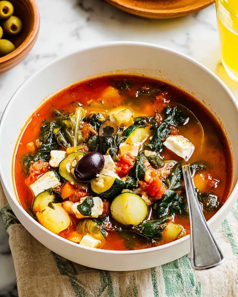 A white bowl filled with a colorful vegetable stew in a rich red broth. The soup has several layers, starting with a base of red tomato broth, followed by mixed vegetables including green spinach leaves, chunks of yellow zucchini, and orange carrots. On top, there are black and green olives along with crumbled white cheese scattered around. A silver spoon is placed inside the bowl on the right side. The bowl is set on a yellow cloth over a white marbled surface. In the background, parts of a wooden bowl and a glass of amber liquid are visible. photo taken with an iphone --ar 4:5 --v 7