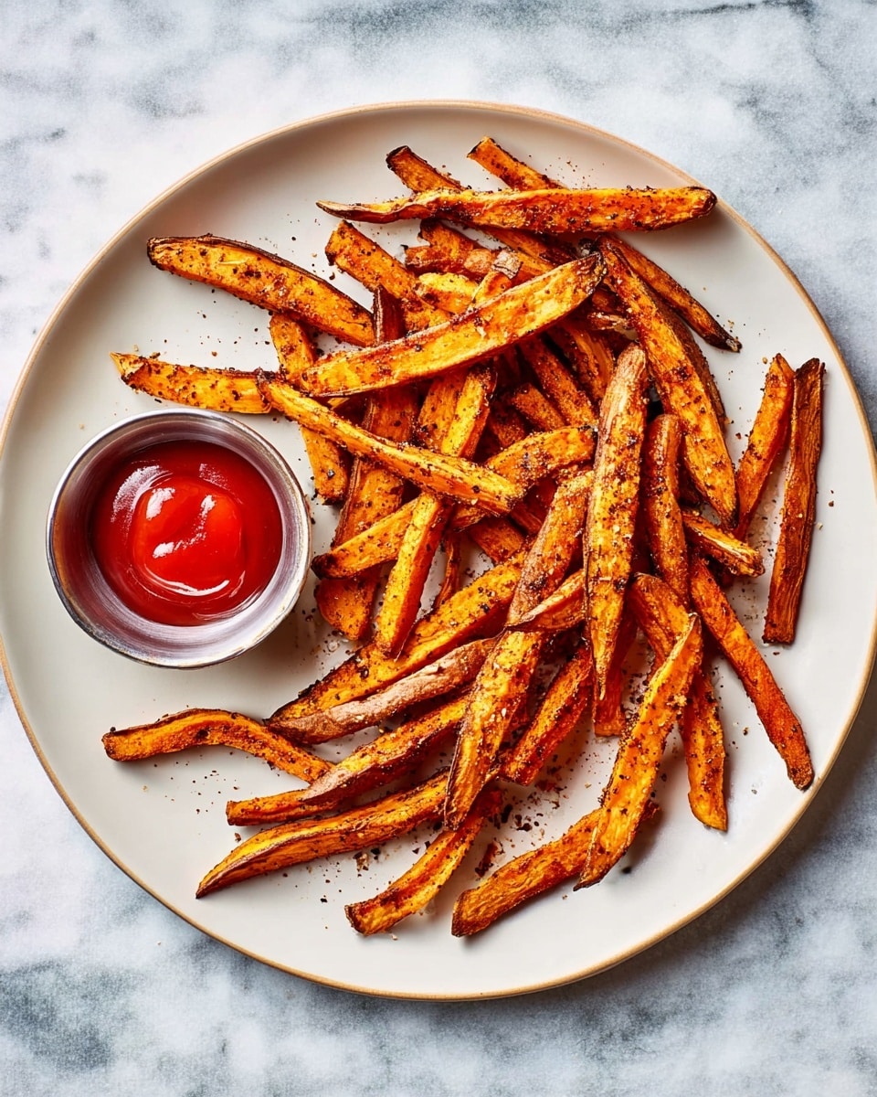 A white plate holds a pile of crispy orange sweet potato fries seasoned with black specks of herbs and spices. The fries are unevenly shaped and slightly charred at the ends, scattered loosely across the plate. Near the top left side of the plate, a small round metal cup is filled with bright red ketchup, smooth and shiny, with a small swirl on its surface. The plate is set on a white marbled textured surface, adding a subtle contrast with soft gray and blue tones. photo taken with an iphone --ar 4:5 --v 7