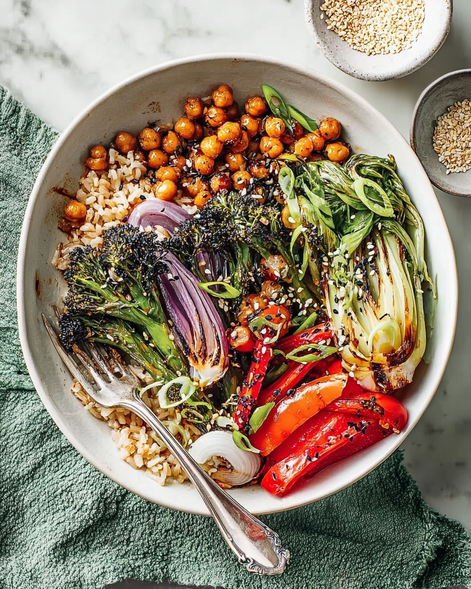 A white bowl holds a colorful meal with four main layers. The base layer is cooked brown rice filling the bottom. On top of the rice, there are golden-brown roasted chickpeas scattered across evenly. The third layer features a mix of roasted vegetables: bright green broccolini with charred tips, deep purple-red onion wedges, pale yellow fennel pieces topped with black sesame seeds, and red bell pepper slices. The top layer has fresh green herb ribbons and thin white onion slices, sprinkled with white sesame seeds. A silver fork rests inside the bowl on the left side. The bowl sits on a white marbled surface with a green cloth napkin nearby. photo taken with an iphone --ar 4:5 --v 7