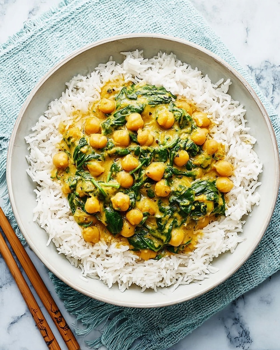 A bowl filled with a bed of white rice which forms the bottom layer, topped with a thick curry made of yellow chickpeas and bright green chopped spinach mixed in a creamy, lightly yellow sauce, with the chickpeas and spinach evenly spread across the center of the rice. The bowl is white, placed on a white marbled surface with a light blue cloth nearby and a pair of wooden chopsticks resting beside it. Photo taken with an iphone --ar 4:5 --v 7