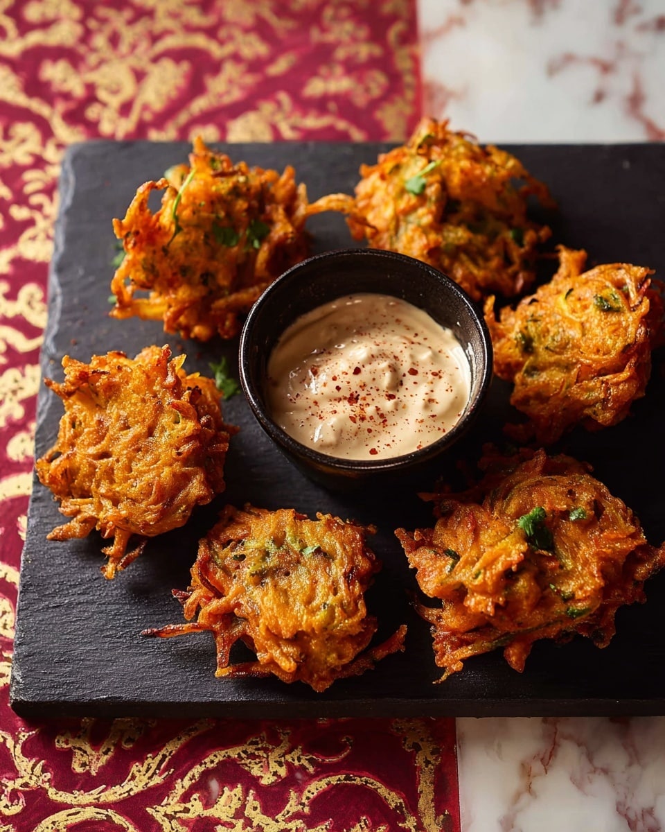 A dark rectangular board on a white marbled texture holds six golden-brown, crispy fried fritters made of thinly shredded vegetables with visible green leafy bits, arranged in a circle around a small black bowl filled with creamy orange dipping sauce. The fritters have a rough, crunchy texture with bits sticking out unevenly and are clustered comfortably close to the bowl in the center. The overall look is warm and inviting with a mix of orange, brown, and green colors. photo taken with an iphone --ar 4:5 --v 7