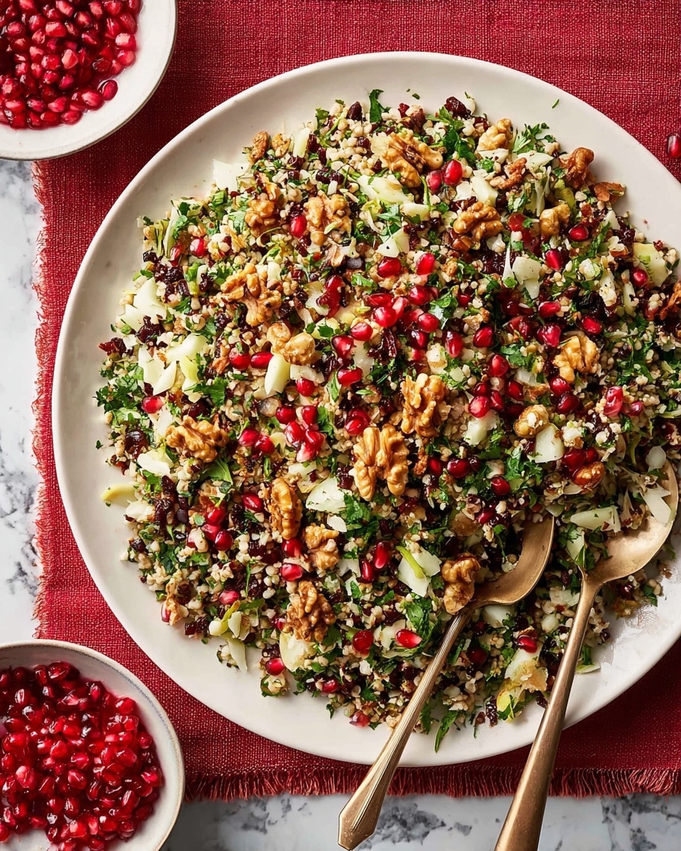 A large white plate filled with a colorful bulgur salad, showing multiple layers of small tan bulgur grains as the base, mixed with chopped white pieces of fennel and green herbs scattered evenly throughout. On top, bright red pomegranate seeds and dark brown raisins add vibrant color, while walnut halves are spaced around the salad for texture contrast. Two bronze spoons rest inside the dish, and next to the plate, a small white bowl is filled with more red pomegranate seeds. The scene is set on a white marbled surface with a red cloth underneath the plate. Photo taken with an iphone --ar 4:5 --v 7