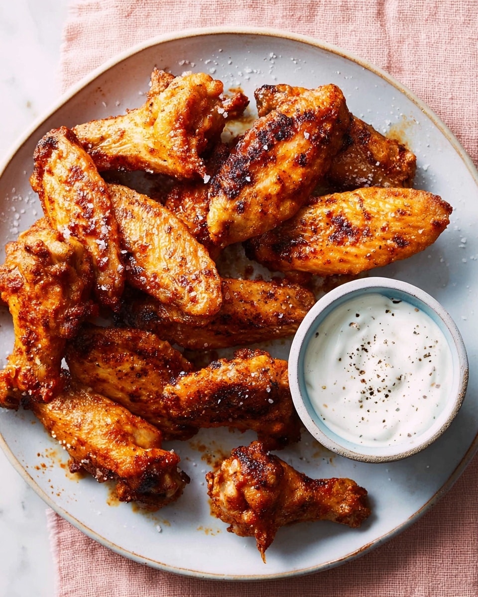 A white plate filled with golden-brown crispy chicken wings, each wing showing a textured, slightly charred skin with visible coarse salt sprinkled over them. On the top right side of the plate, there is a small round white bowl filled with creamy white dipping sauce sprinkled with black pepper. The plate is placed on a soft pink cloth with a white marbled surface underneath. photo taken with an iphone --ar 4:5 --v 7