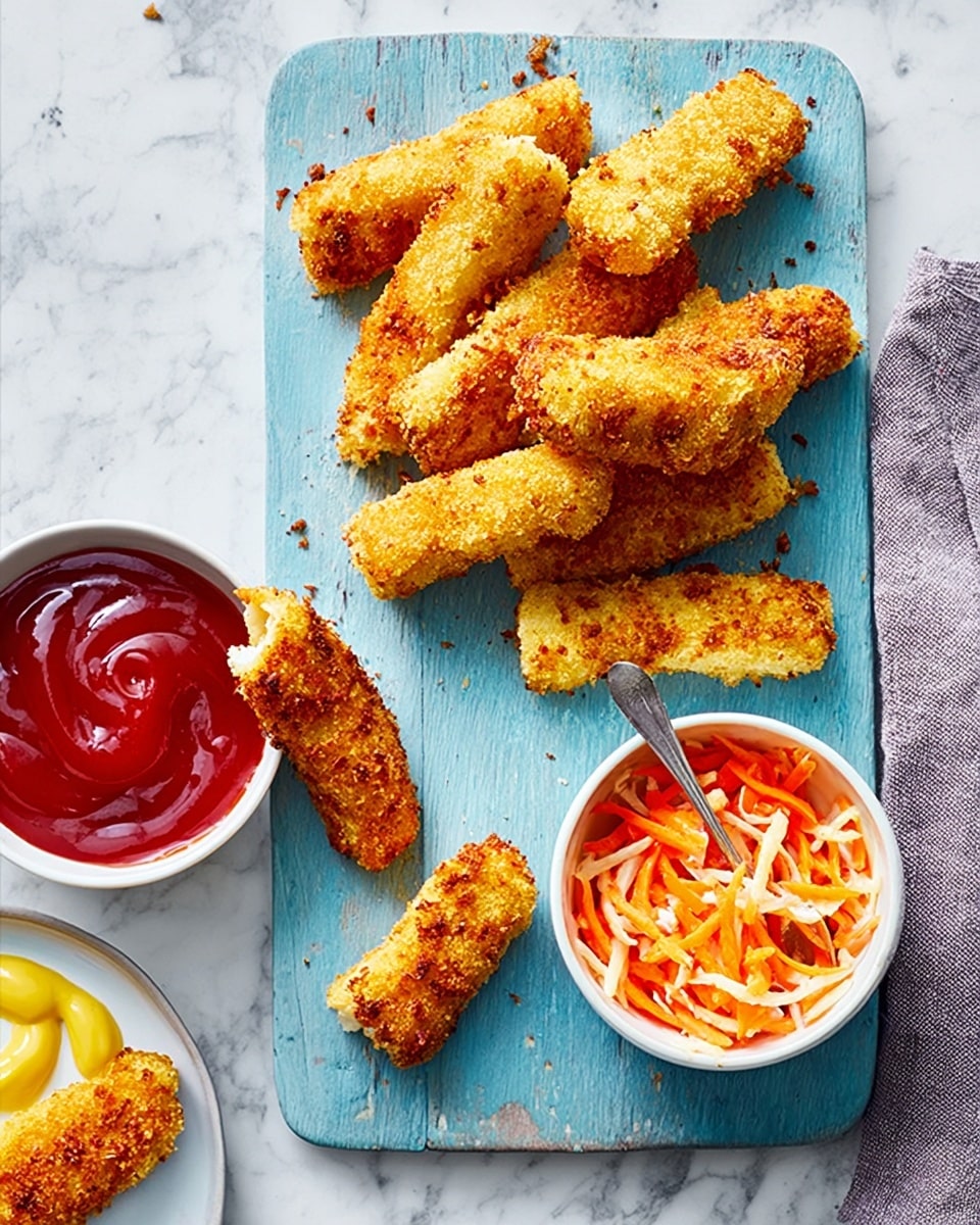 The image shows a light blue wooden board on a white marbled surface holding several golden-brown fried sticks coated with crunchy crumbs, arranged loosely in the center and top left. On the right side of the board is a white bowl filled with shredded orange and light pink vegetables, with a small spoon inside. Below, on the board’s lower left corner, there is a white dish containing rich red ketchup with a swirl of yellow mustard on top, and a few fried sticks partly dipped into the sauce are placed around or inside the dish. The textures range from crispy and crumbly on the fried sticks to smooth and glossy in the sauces and soft shredded vegetables. photo taken with an iphone --ar 4:5 --v 7