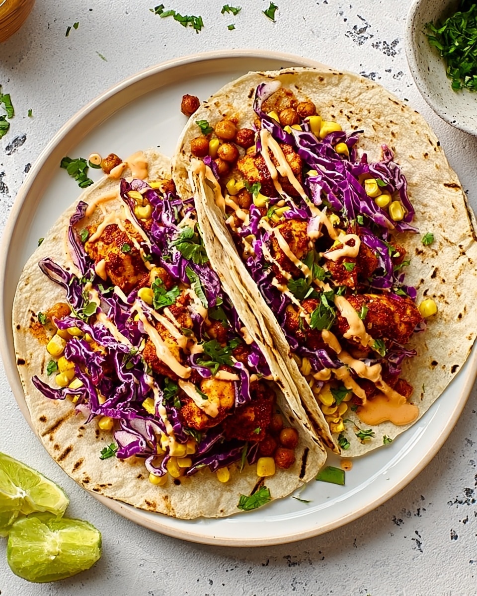 Two soft white tortillas are laid side by side on a white plate, each filled with layers of grilled orange-brown chicken pieces, bright red shredded cabbage, dark red beans, and small bits of yellow corn. Fresh green cilantro leaves are scattered on top, adding a vibrant touch. The tortillas gently fold over the filling, showing the colorful ingredients inside. The plate sits on a white marbled surface, accompanied by lime wedges and a small bowl of white sauce nearby. Photo taken with an iphone --ar 4:5 --v 7
