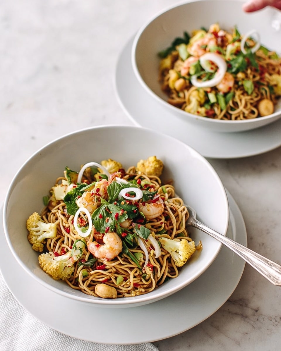 The image shows two white bowls on white plates sitting on a white marbled surface. Each bowl contains a noodle dish with three visible layers: the bottom layer is light brown noodles, the middle layer consists of golden brown fried pieces and light shrimp, while the top layer is green herbs and thin white slices garnishing the dish. One white fork is placed to the right side near the front bowl. The bowls and plates are neatly arranged in a bright, clean setting. Photo taken with an iphone --ar 4:5 --v 7