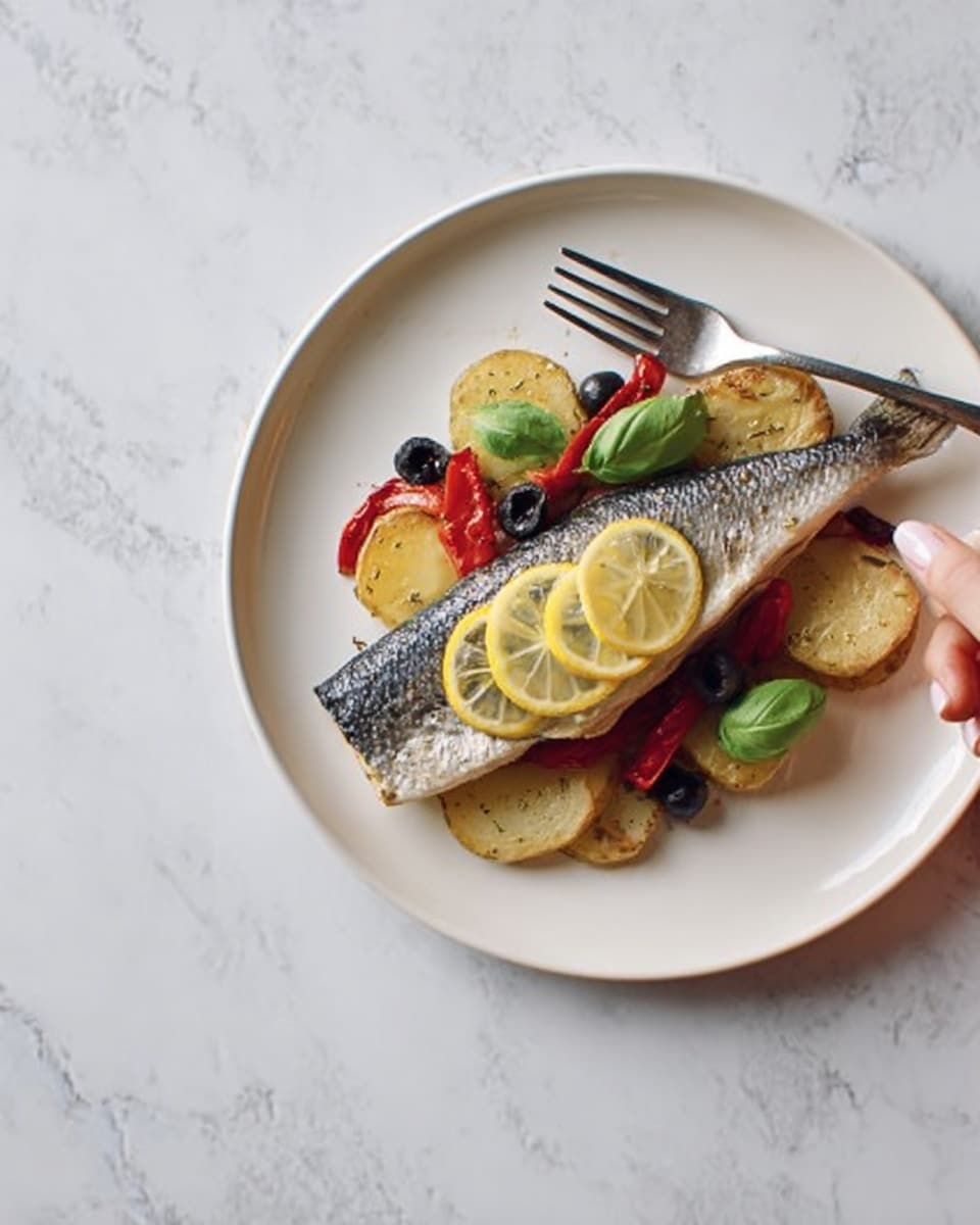A whole cooked fish with silver-grey skin lies flat in the center of a round white plate. On top of the fish, there are four thin slices of pale yellow lemon stacked slightly overlapping, and small green basil leaves placed around them. Surrounding the fish are roasted round slices of golden-brown potato and curved strips of red pepper, all resting on the white plate. Scattered among the potatoes and peppers are small black olives. A silver fork is placed on the left side of the plate, with a woman's hand reaching toward it. The plate sits on a white marbled textured surface. Photo taken with an iphone --ar 4:5 --v 7