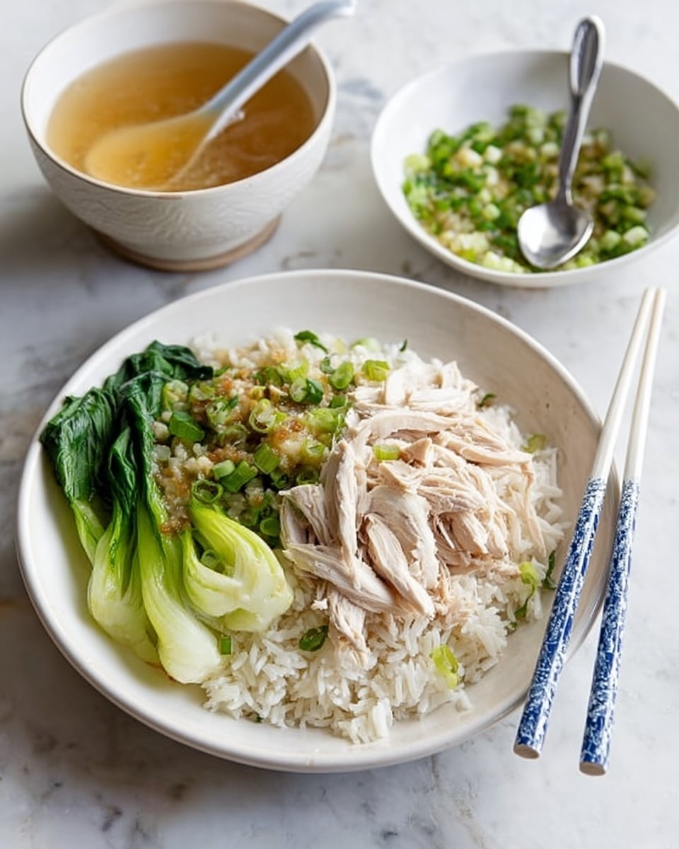 A white plate sits on a white marbled surface, filled with fluffy white rice as the base layer. On top of the rice, there are several pieces of pale, shredded chicken arranged neatly. Next to the chicken is a vibrant green bok choy with a smooth and slightly glossy texture, cut in half lengthwise showing crisp layers. On the very top, a small amount of chopped green onions mixed with a light sauce adds a fresh touch. Resting on the plate are a pair of white chopsticks with blue patterns. Behind the plate, there are two white bowls, one containing a broth with a white spoon inside and the other holding a green onion topping with a small silver spoon. The whole scene is bright and clean, with the white marbled surface adding a subtle elegant background. photo taken with an iphone --ar 4:5 --v 7