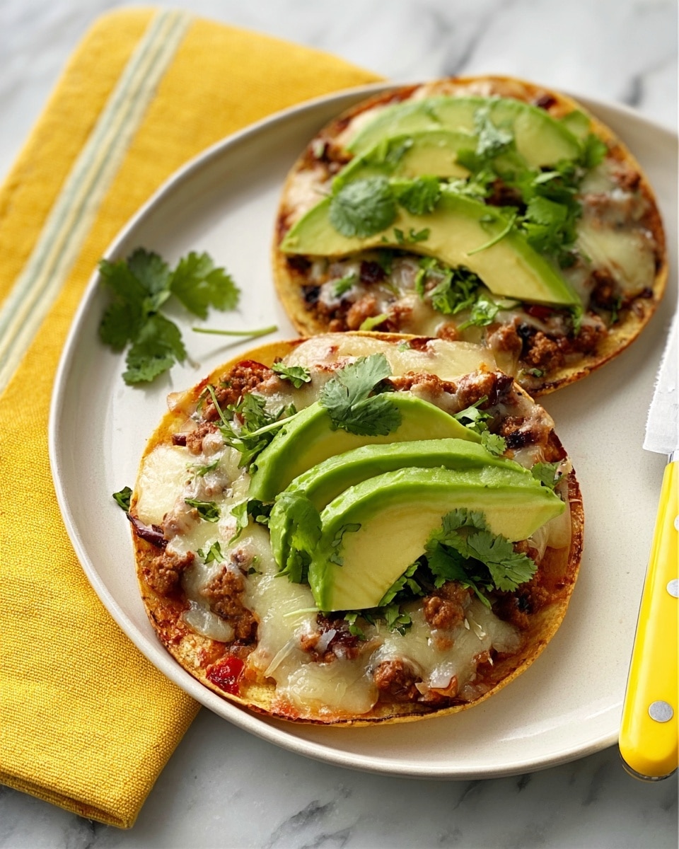 Two small round flatbreads on a white plate, each topped with layers starting with melted cheese and cooked ground meat mixed with small pieces of tomato. On top of that, there are fresh green avocado slices and leafy cilantro arranged neatly. The plate sits on a white marbled surface next to a folded pale yellow cloth. A small knife with a yellow handle lies beside the plate. Photo taken with an iphone --ar 4:5 --v 7
