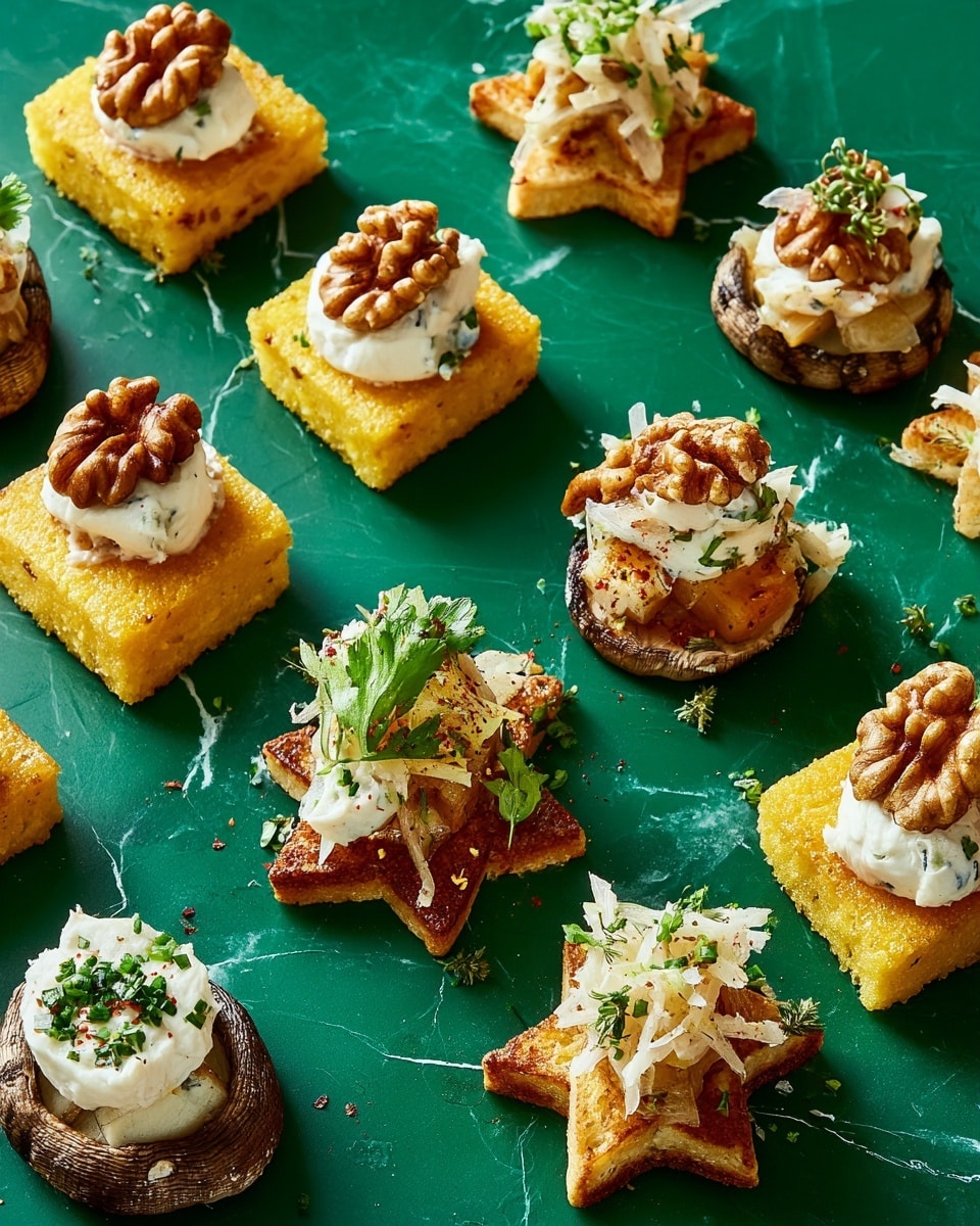 The image shows various small appetizer bites arranged on a surface with a solid bright green color. There are three main types of bites: star-shaped white crackers topped with a white creamy spread and a walnut; golden square pieces topped with a white creamy spread and a walnut, and some garnished with green herbs; and round, browned pieces topped with a creamy light pink spread and green herbs with a dusting of red spice. Additionally, there is a fourth type with irregular shapes topped with shredded white vegetable and small green herbs. Each piece is distinct, colorful, and neatly spaced apart. photo taken with an iphone --ar 4:5 --v 7