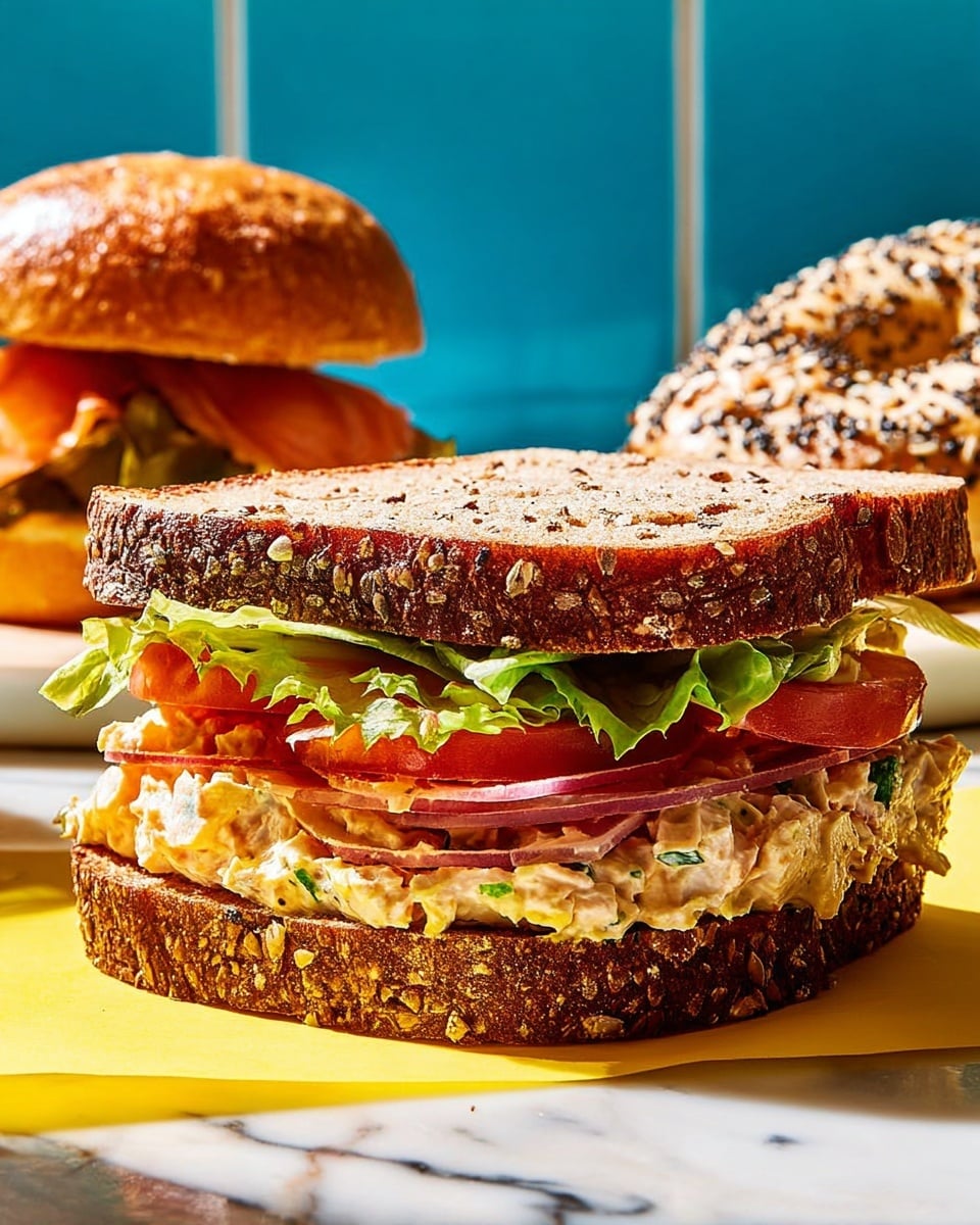 A sandwich made with two slices of multi-grain bread with visible seeds, the bottom slice holding layers of leafy green lettuce, slices of red tomato, thin slices of what looks like turkey or chicken salad mixed with a creamy dressing, and thin slices of red onion, all stacked neatly. The sandwich sits on a white and yellow checkered paper on a yellow surface, with part of a white marbled texture in the background. To the right, a seed-covered bagel sandwich with layers of smoked salmon and cream cheese is partially visible. Photo taken with an iphone --ar 4:5 --v 7