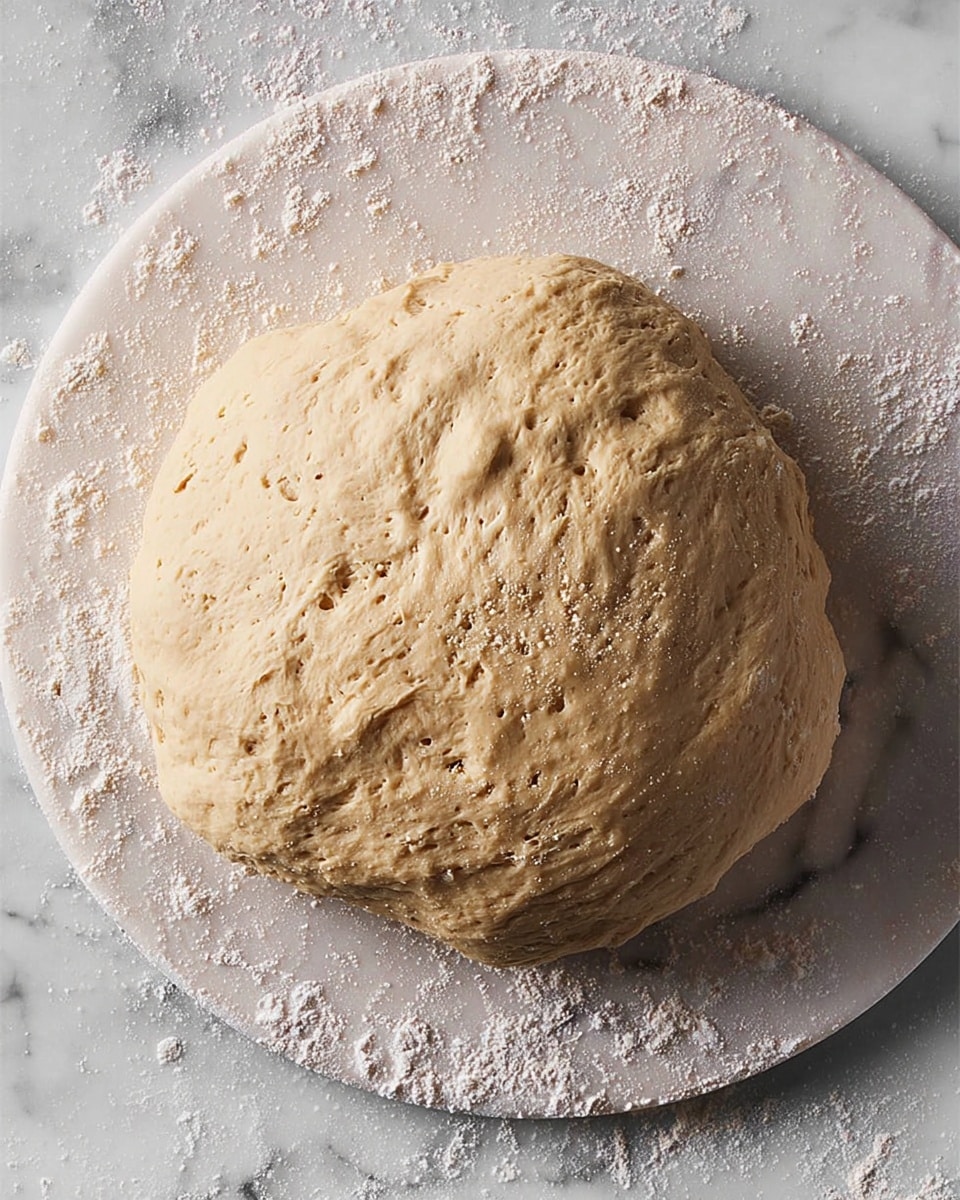 The image shows a large round ball of dough resting on a smooth white marble surface with some scattered flour around it. The dough has a light beige color with a soft, slightly uneven texture, showing small air pockets and some gentle wrinkles on the surface, giving it a fresh and natural look. The dough's edges blend smoothly into the surface beneath it, creating a sense of volume and softness. Photo taken with an iphone --ar 4:5 --v 7