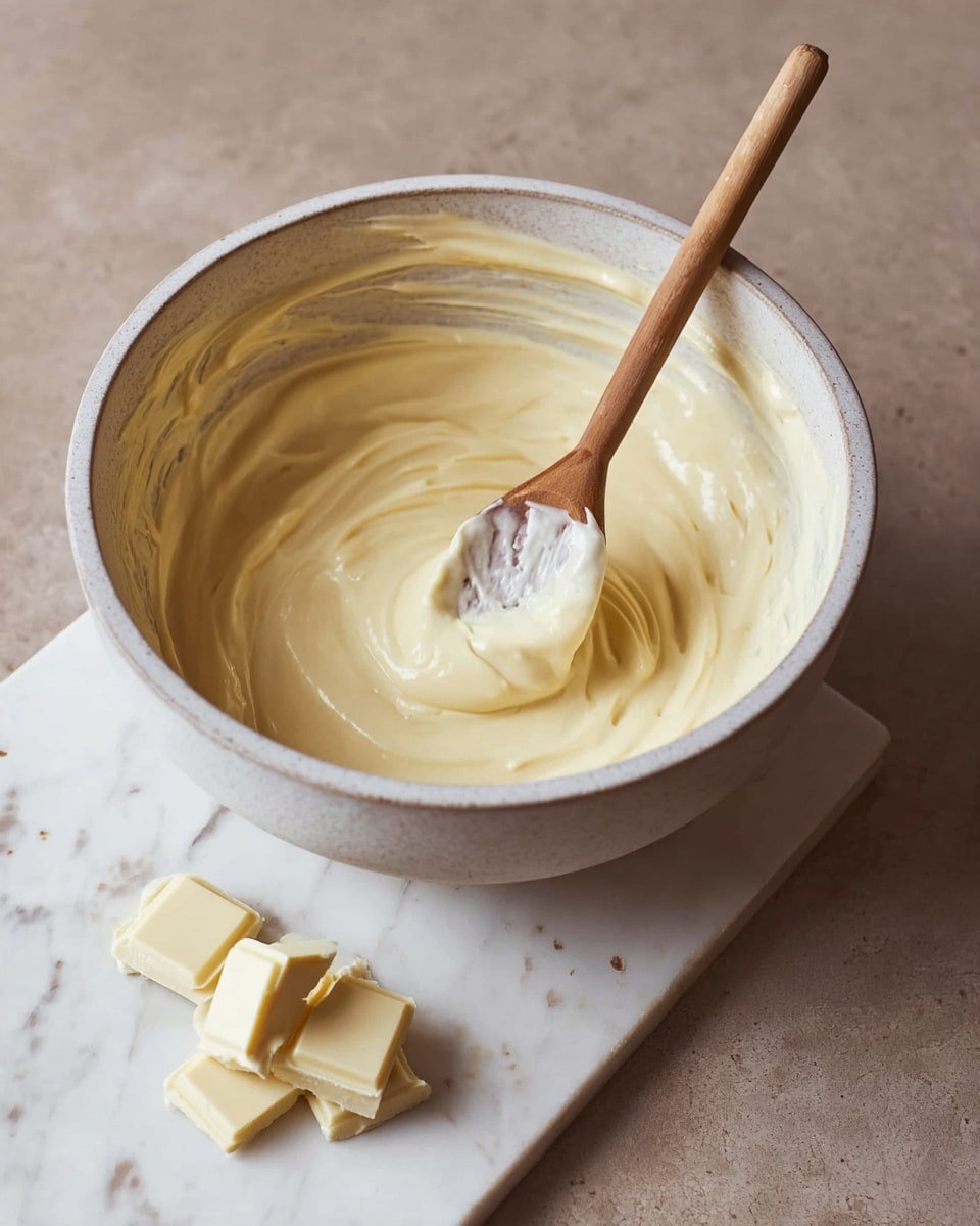A white ceramic bowl with a smooth interior is filled halfway with creamy, off-white melted white chocolate that has a glossy, thick texture. A wooden spoon with melted white chocolate clinging to its round bowl rests inside, dipping gently into the chocolate. Next to the bowl on a white marbled surface, there are three broken pieces of solid white chocolate arranged casually. photo taken with an iphone --ar 4:5 --v 7