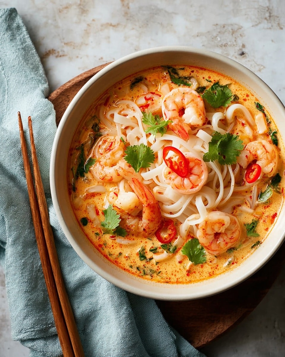 A bowl filled with thick white noodles soaked in a light orange creamy broth, topped with several orange shrimp scattered throughout. Red chili slices and green cilantro leaves are spread on top and among the noodles, adding splashes of red and green. The bowl is white with a smooth, slightly textured edge. Next to the bowl are a pair of wooden chopsticks resting on a white marbled surface, with a soft light blue cloth partially visible. The dish looks fresh and colorful, showing a mix of smooth broth, tender shrimp, and fresh herbs. photo taken with an iphone --ar 4:5 --v 7
